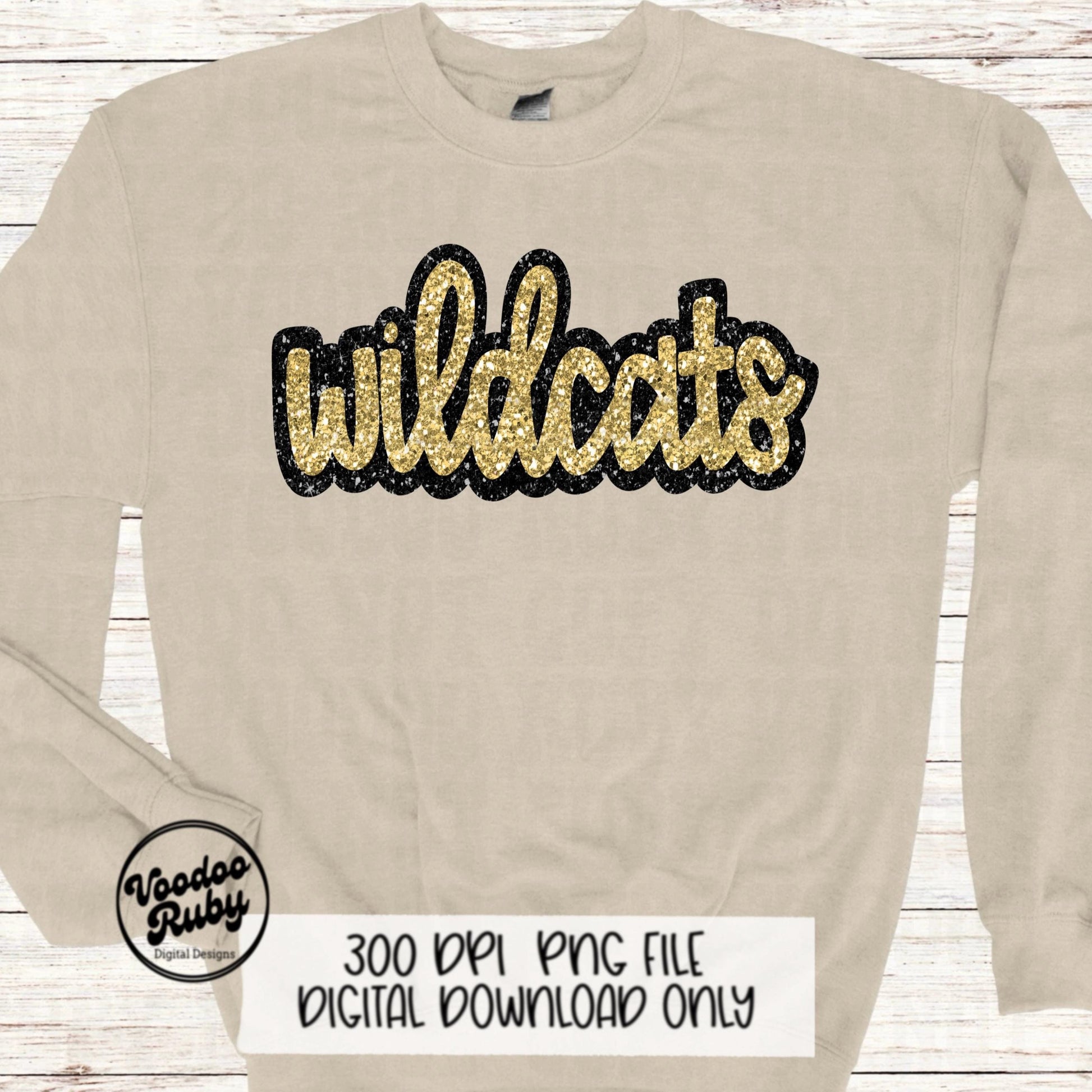 Wildcats PNG Design Sublimation Hand Drawn Digital Download Football Gold Faux Glitter Wildcats Patch PNG DTF Printable Mascot Clip Art