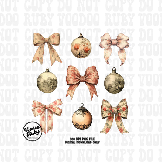 Grand Millennial Christmas Ornament Bows PNG Design Digital Download Sublimation Christmas Coquette Vintage PNG Merry Christmas Shirt PNG