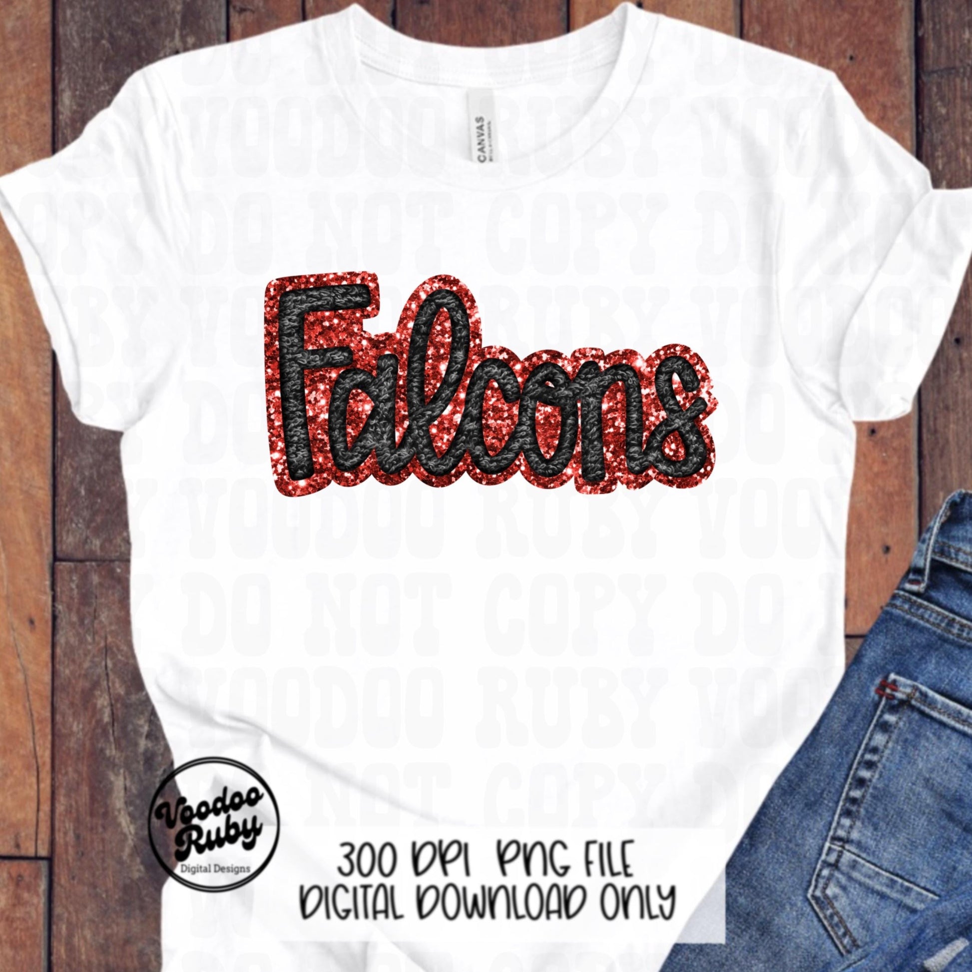 Falcons PNG Design Hand Drawn Digital Download Sublimation Faux Chenille PNG Black and Red Falcons Football png Falcons DTF Printable