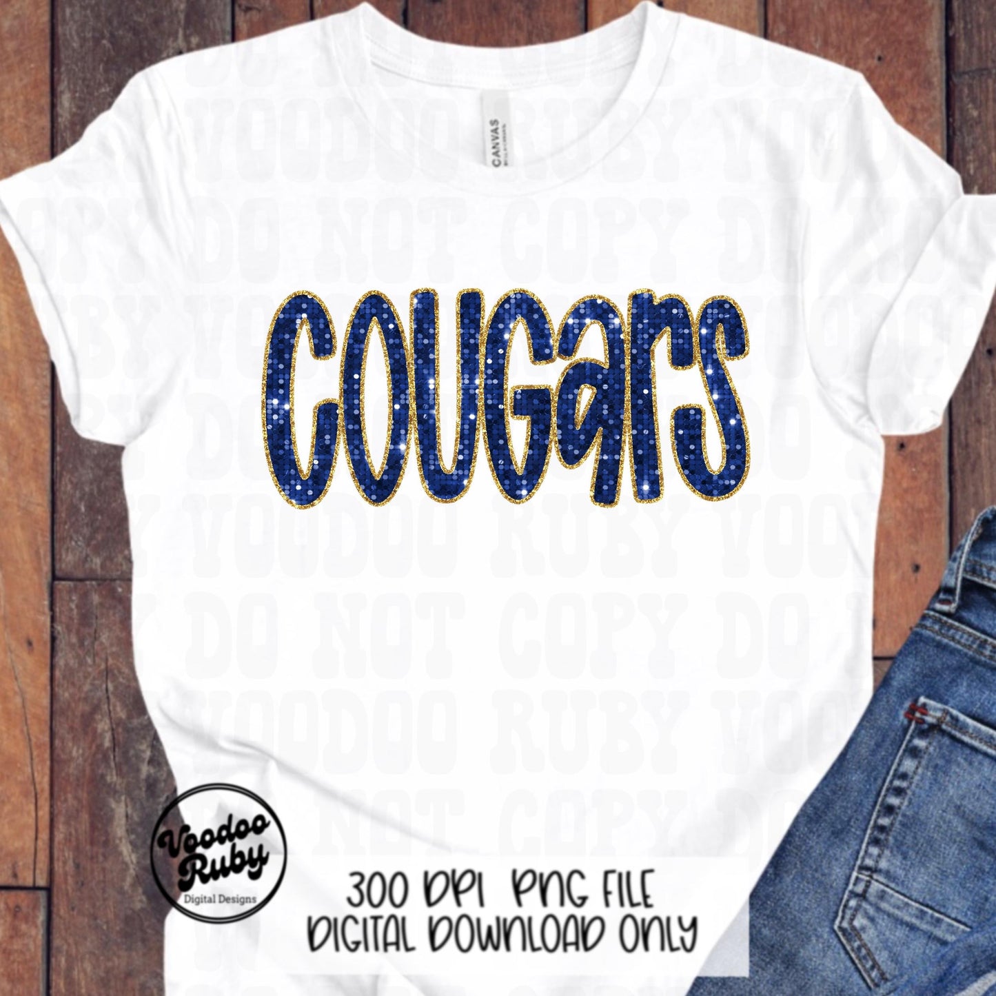 Cougars PNG Design Sequins Glitter Hand Drawn Digital Download Faux Sequins Patch PNG Printable Clip Art Faux Appliqué Cougars Football DTF