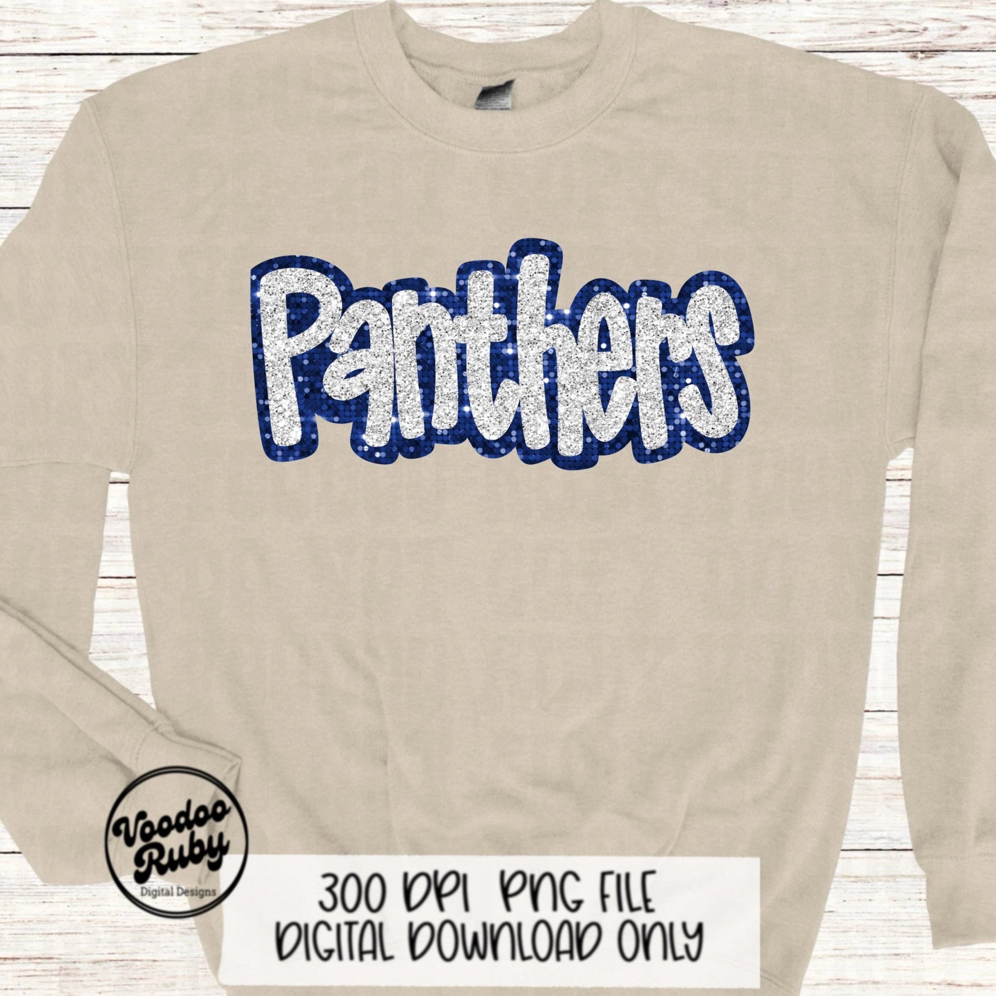 Panthers Mascot Design PNG Sublimation Glitter Hand Drawn Digital Download Faux Sequins Patch Faux Appliqué Blue White Panthers Football