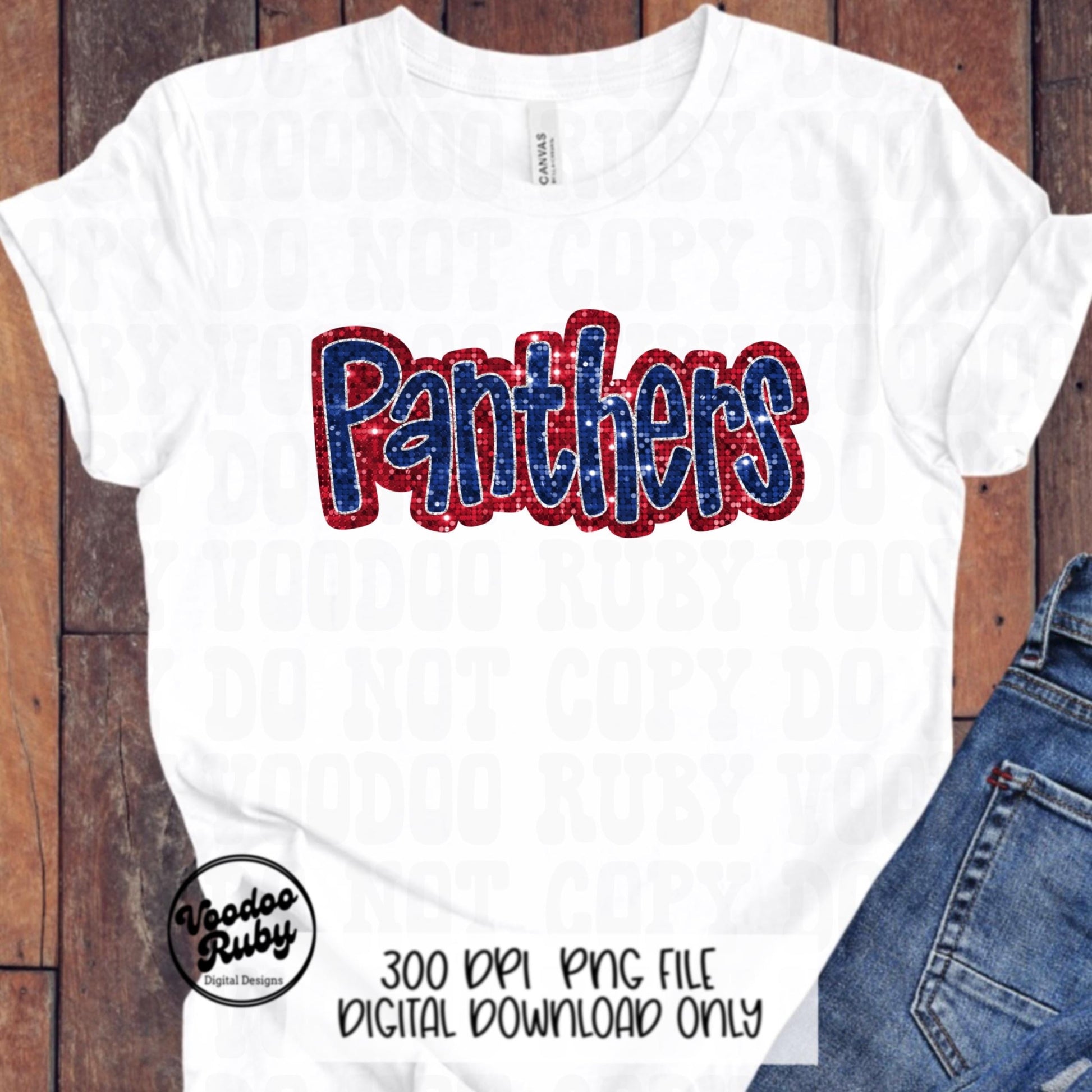 Panthers Mascot Design PNG Sublimation Glitter Hand Drawn Digital Download Faux Sequins Patch Faux Appliqué Red Blue Panthers Football