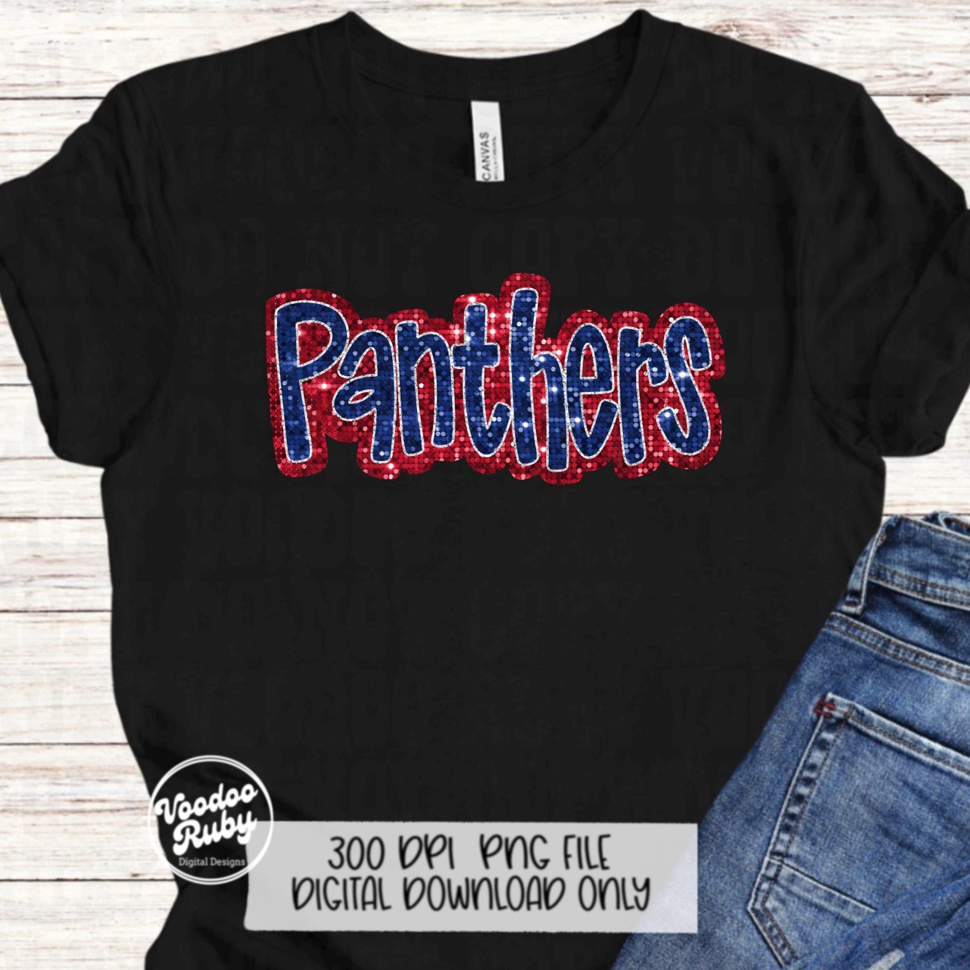 Panthers Mascot Design PNG Sublimation Glitter Hand Drawn Digital Download Faux Sequins Patch Faux Appliqué Red Blue Panthers Football