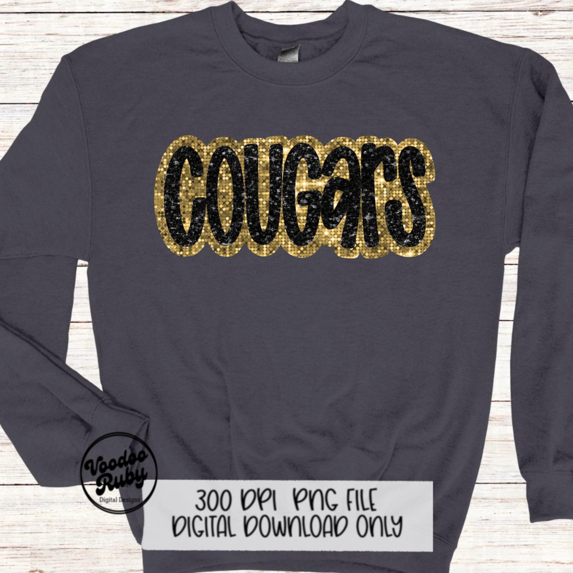 Cougars Mascot Design PNG Glitter Hand Drawn Digital Download Faux Sequins Patch PNG Printable Faux Appliqué Black Gold Cougars Football DTF