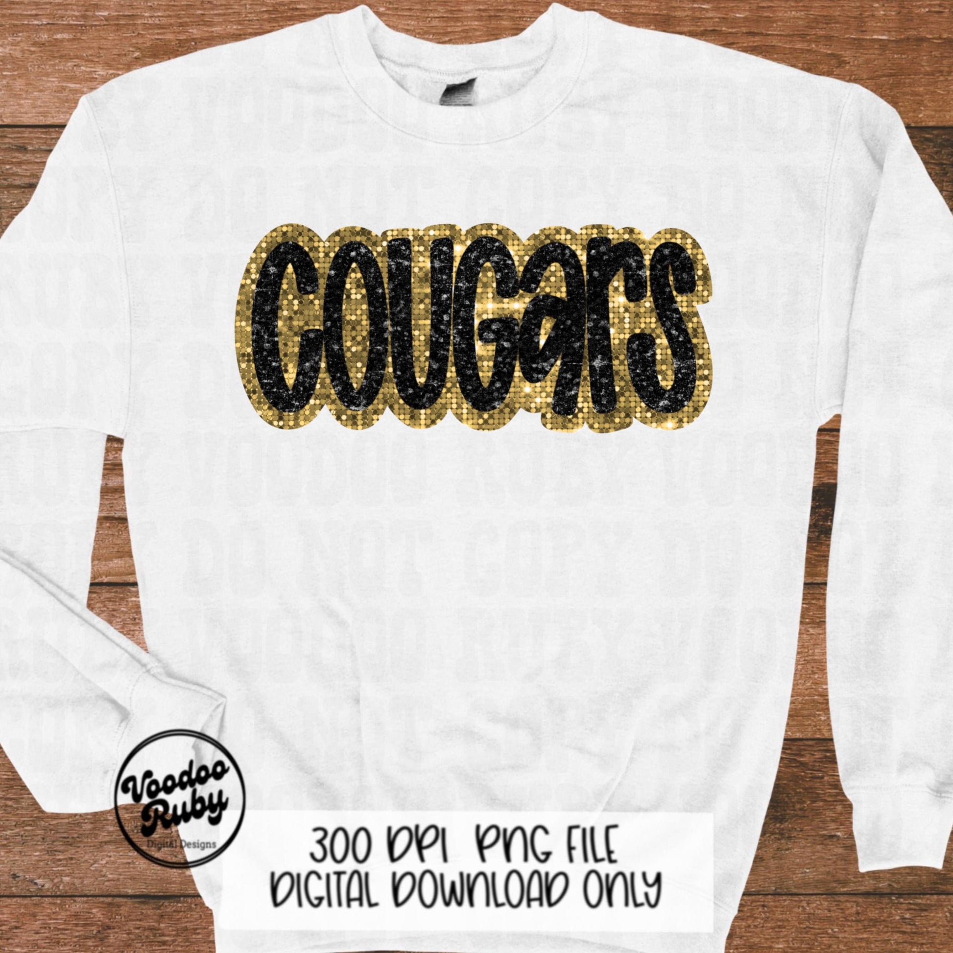 Cougars Mascot Design PNG Glitter Hand Drawn Digital Download Faux Sequins Patch PNG Printable Faux Appliqué Black Gold Cougars Football DTF