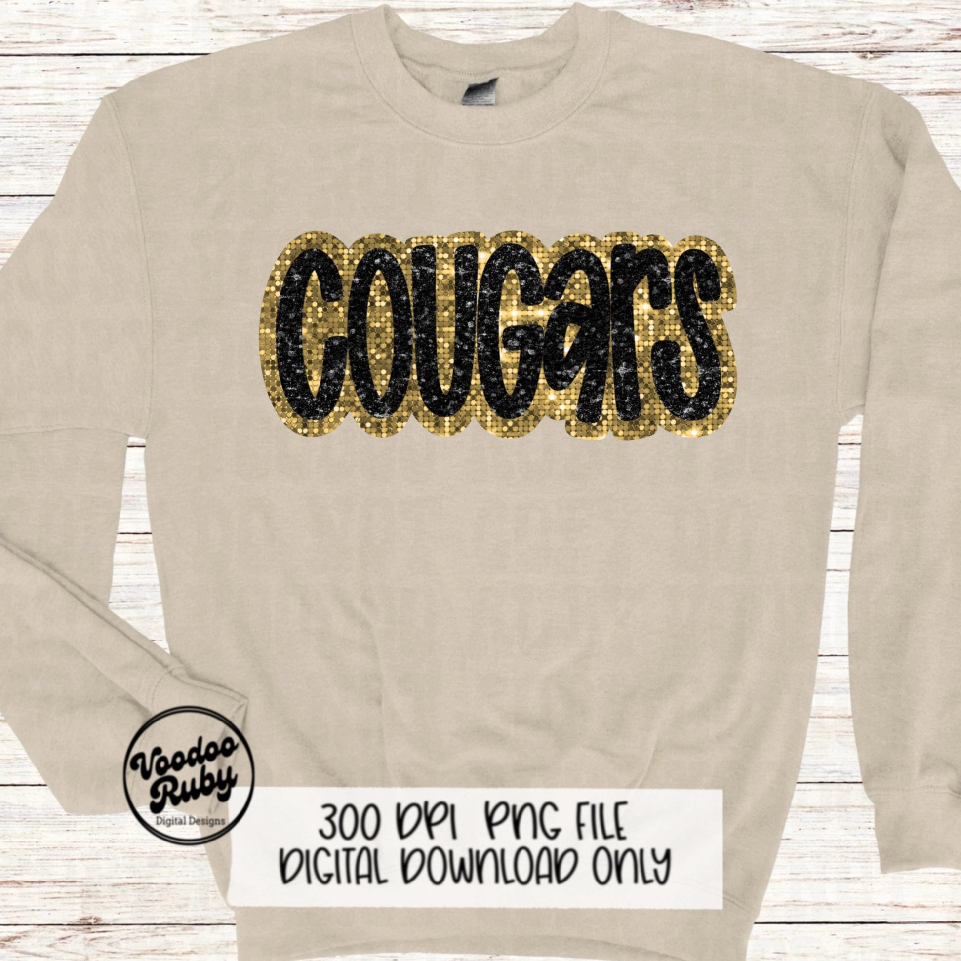 Cougars Mascot Design PNG Glitter Hand Drawn Digital Download Faux Sequins Patch PNG Printable Faux Appliqué Black Gold Cougars Football DTF