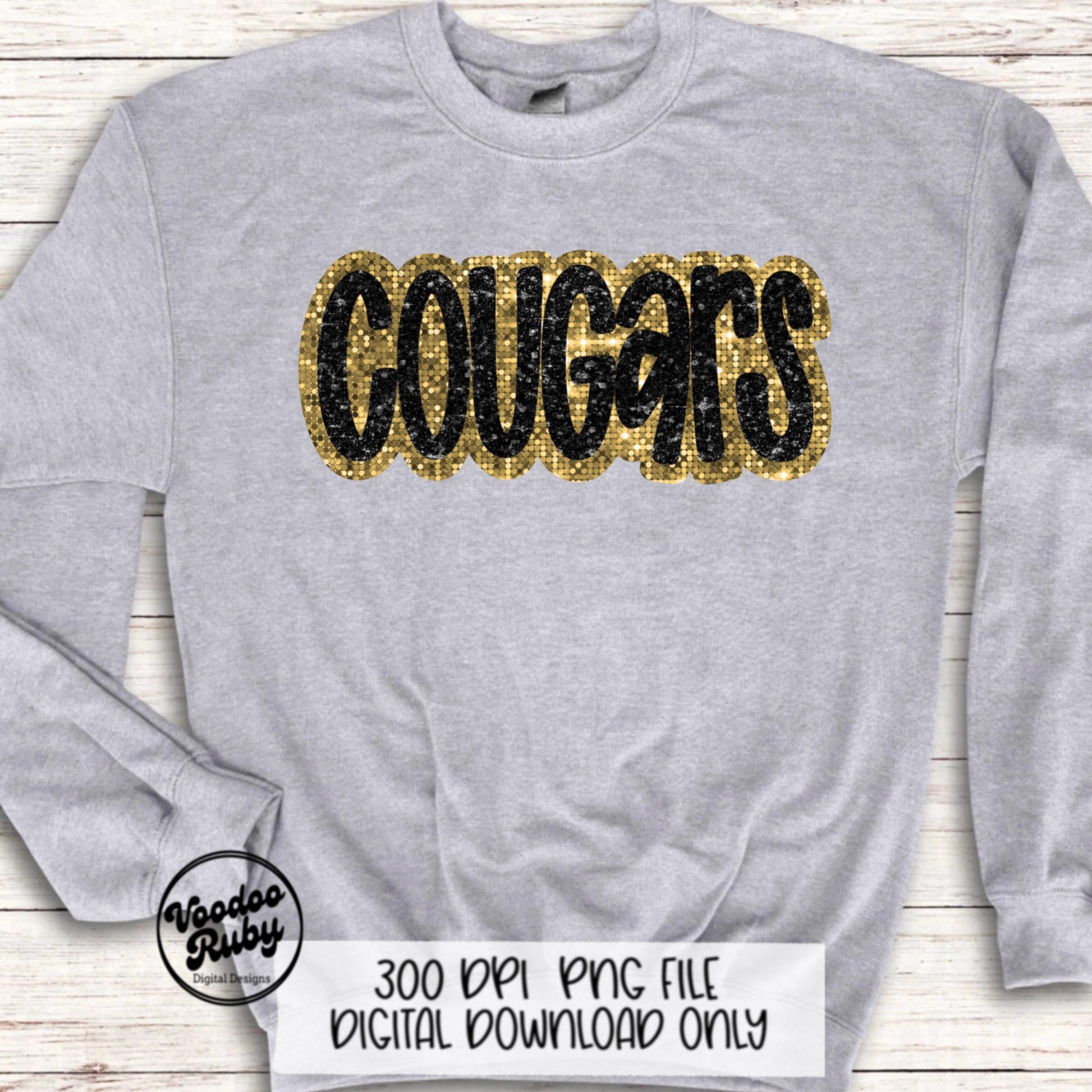 Cougars Mascot Design PNG Glitter Hand Drawn Digital Download Faux Sequins Patch PNG Printable Faux Appliqué Black Gold Cougars Football DTF
