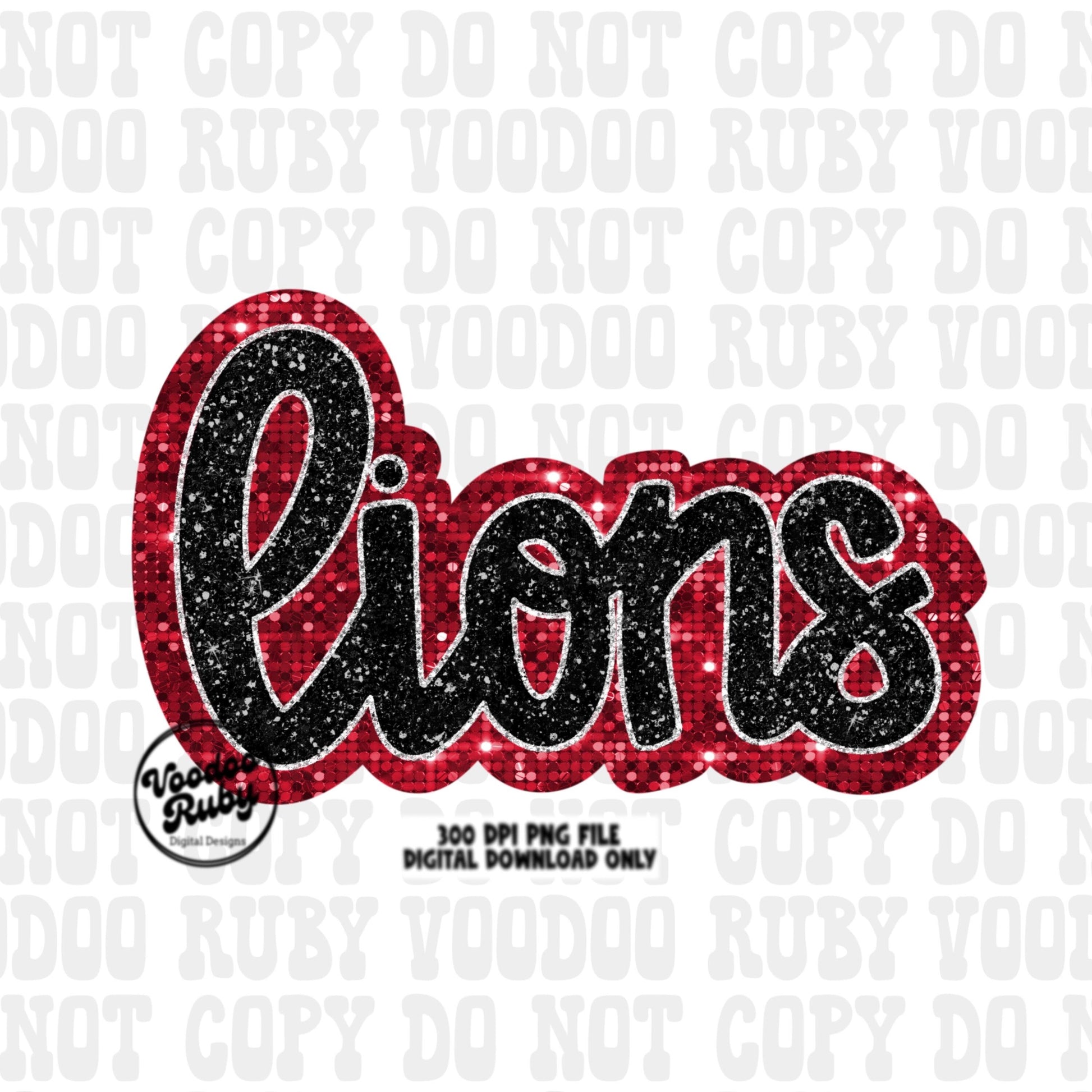 Red Black Lions PNG Design Sequins Sublimation Hand Drawn Digital Download Faux Patch Printable Appliqué Lions Football Mascot DTF