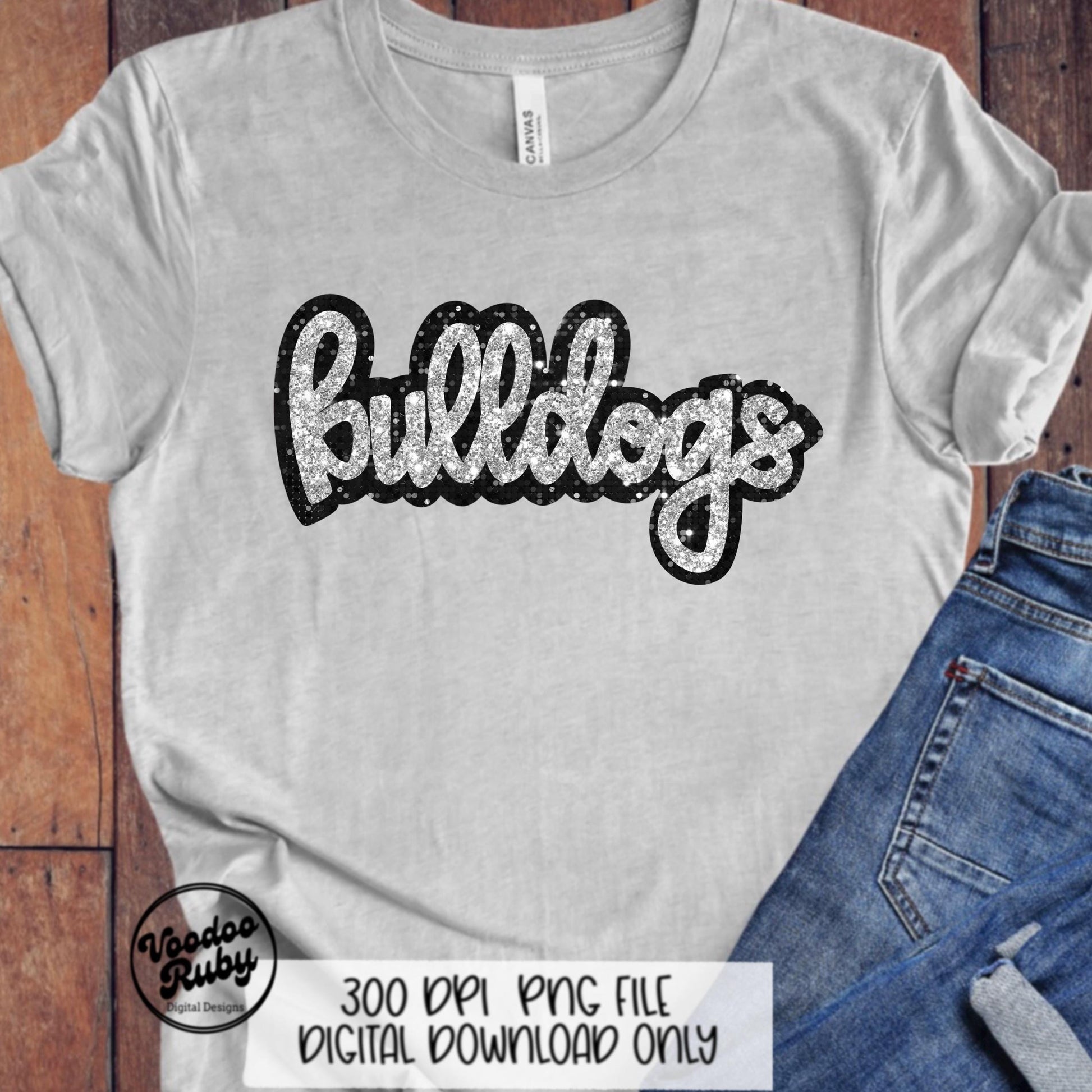 Glitter Bulldogs PNG Design Sublimation Sequins Hand Drawn Digital Download Faux Sequins Patch PNG Black Silver Bulldogs Football DTF