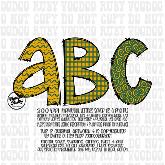 Doodle Letters Alphabet Bundle PNG | Green and Gold | Hand Drawn Alpha Pack Digital Download | Sublimation Alphabet | Digital Design PNG