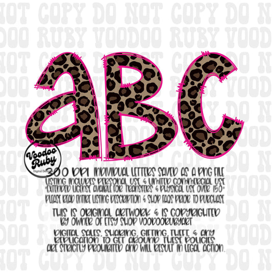 Leopard and Pink Doodle Letters Alphabet Bundle PNG | Hand Drawn Alphabet | Alpha Pack Digital Download | Sublimation Blanks | Printable