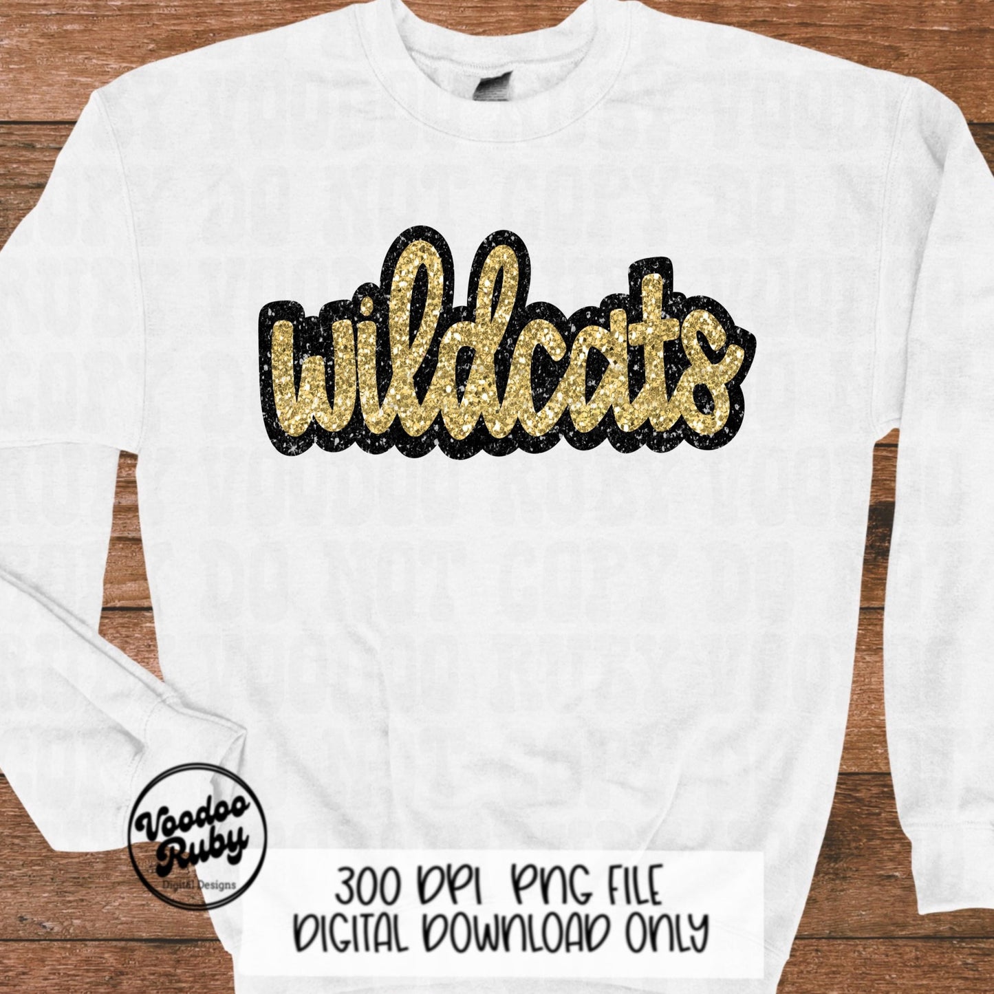 Wildcats PNG Design Sublimation Hand Drawn Digital Download Football Gold Faux Glitter Wildcats Patch PNG DTF Printable Mascot Clip Art