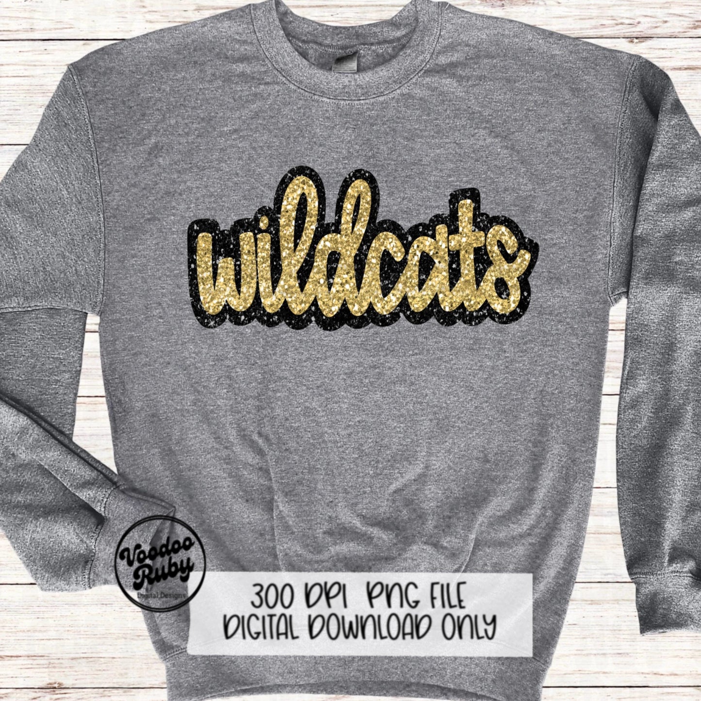 Wildcats PNG Design Sublimation Hand Drawn Digital Download Football Gold Faux Glitter Wildcats Patch PNG DTF Printable Mascot Clip Art