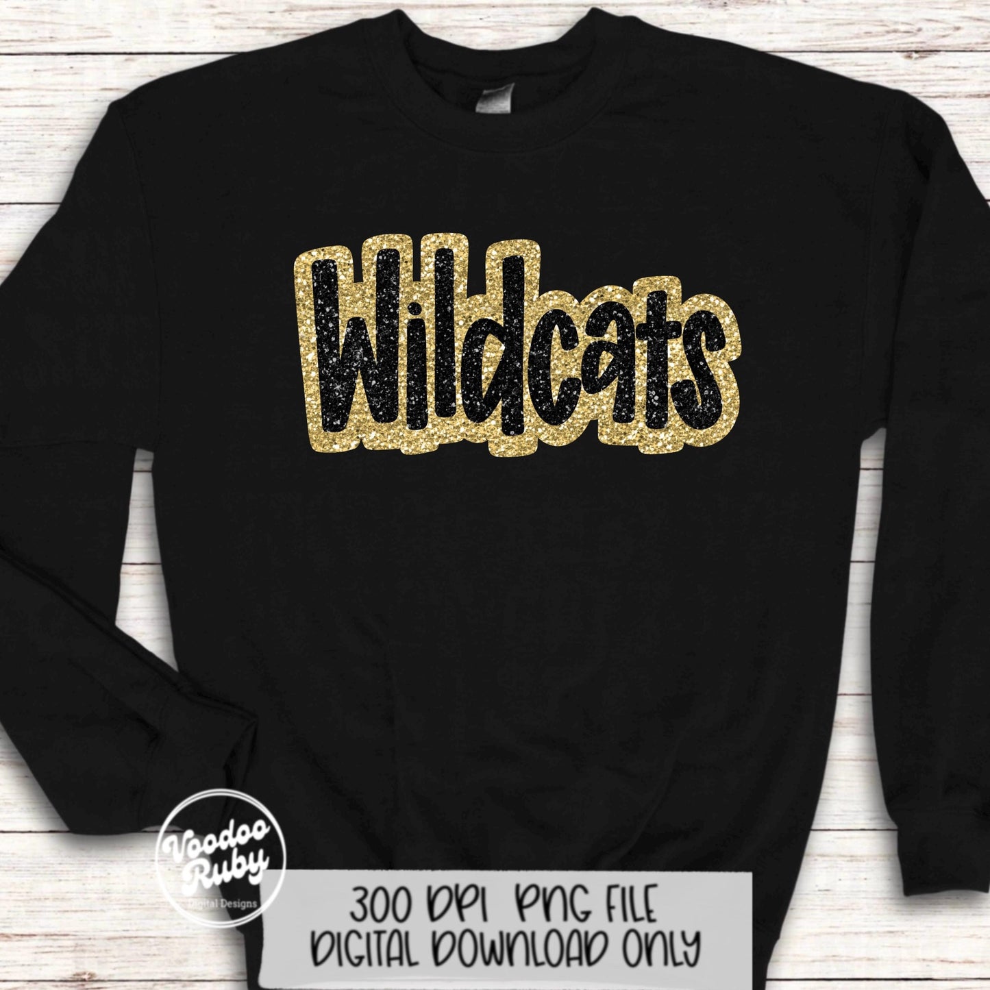 Wildcats PNG Design Sublimation Hand Drawn Digital Download Football Gold Black Faux Glitter Wildcats Patch DTF Printable Mascot Clip Art