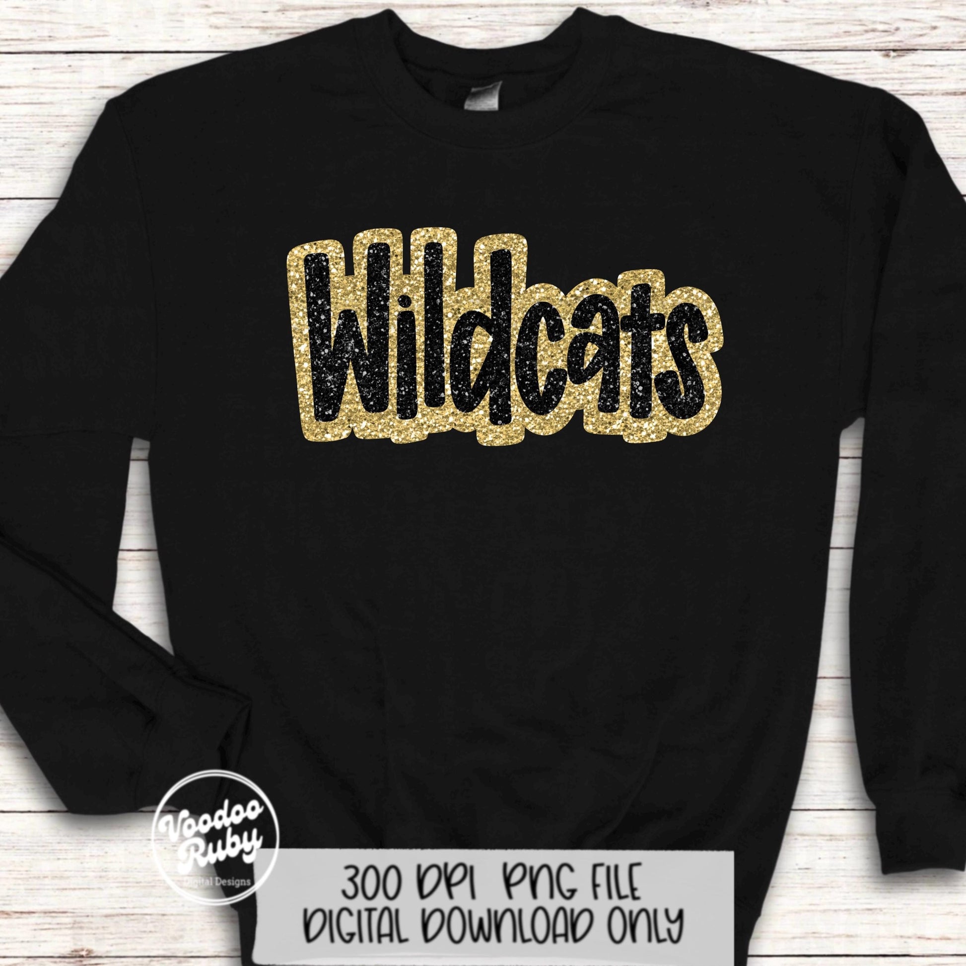 Wildcats PNG Design Sublimation Hand Drawn Digital Download Football Gold Black Faux Glitter Wildcats Patch DTF Printable Mascot Clip Art