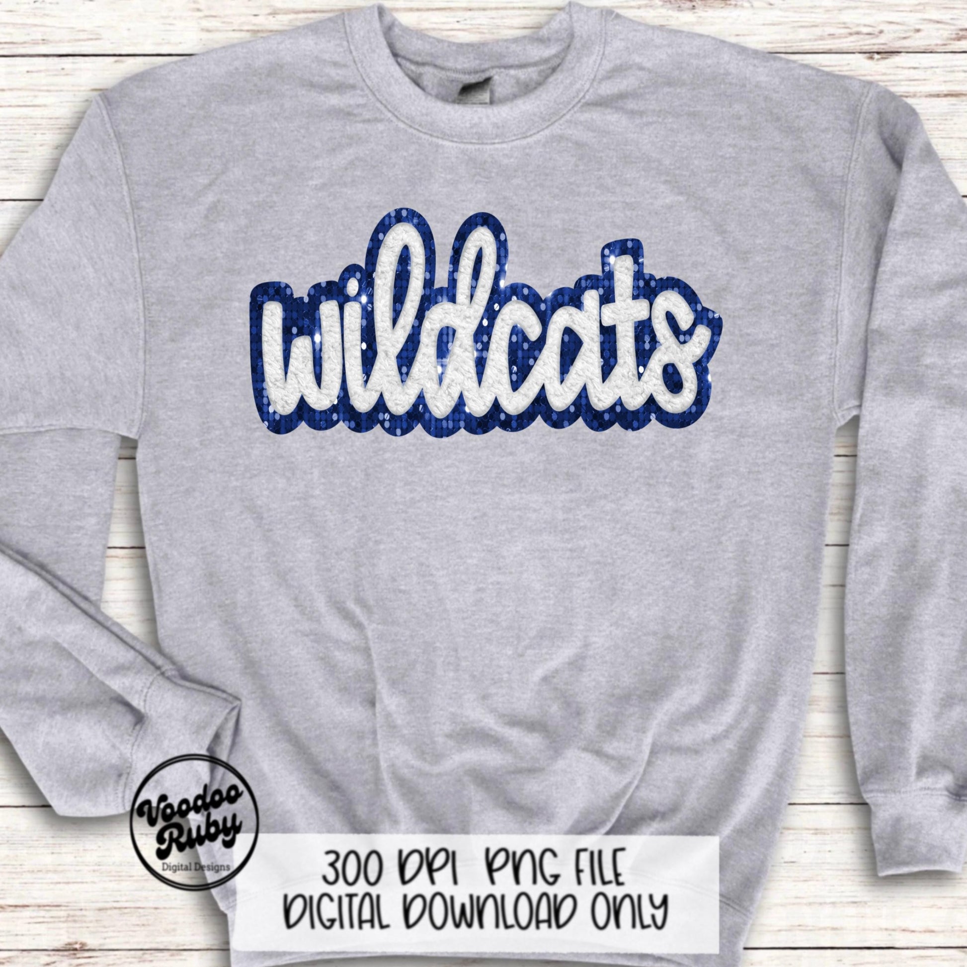 Wildcats PNG Design Hand Drawn Digital Download Sublimation Faux Chenille PNG Blue White Football png Wildcats DTF Printable