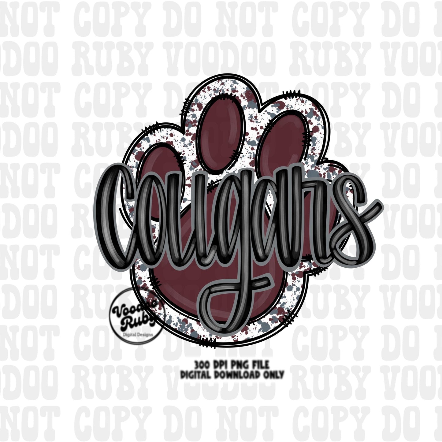 Cougars PNG Design Sublimation Hand Drawn Digital Download Football PNG Paw Maroon Silver Cougars Football DTF Printable
