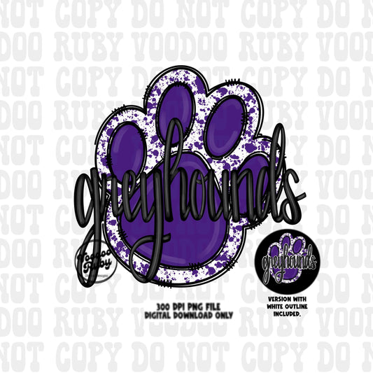 Greyhounds PNG Sublimation Design Hand Drawn Digital Download Football PNG Purple Paw Print Clip Art Printable