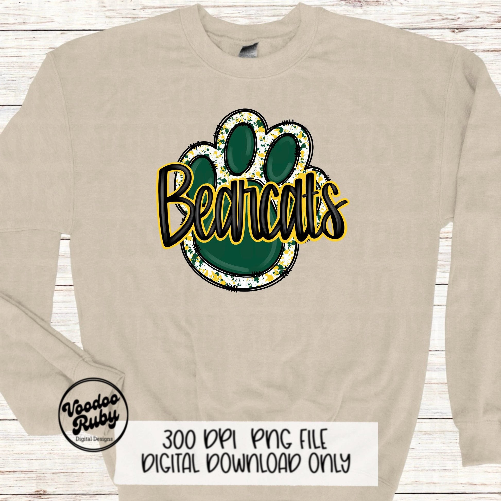 Bearcats PNG Design Sublimation Hand Drawn Digital Download Football PNG Green Yellow Bearcats Paw Print png Football DTF Printable Mascot