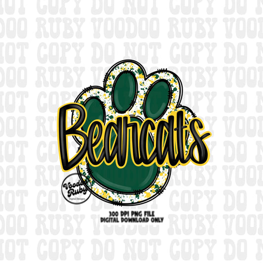 Bearcats PNG Design Sublimation Hand Drawn Digital Download Football PNG Green Yellow Bearcats Paw Print png Football DTF Printable Mascot