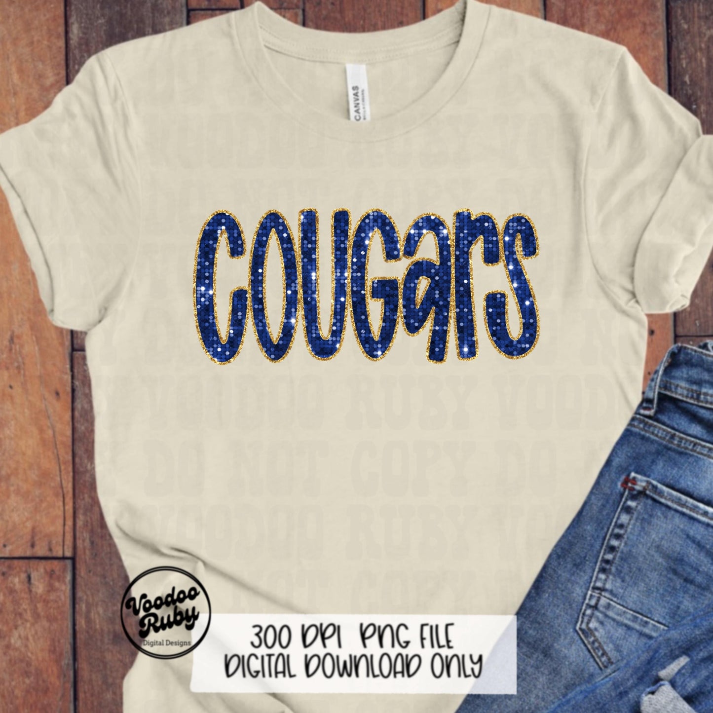 Cougars PNG Design Sequins Glitter Hand Drawn Digital Download Faux Sequins Patch PNG Printable Clip Art Faux Appliqué Cougars Football DTF