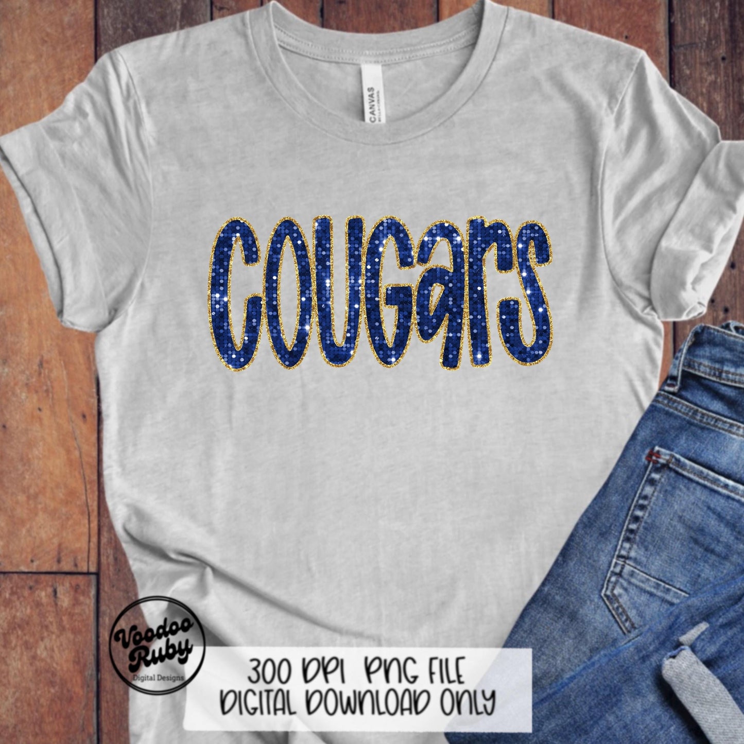 Cougars PNG Design Sequins Glitter Hand Drawn Digital Download Faux Sequins Patch PNG Printable Clip Art Faux Appliqué Cougars Football DTF