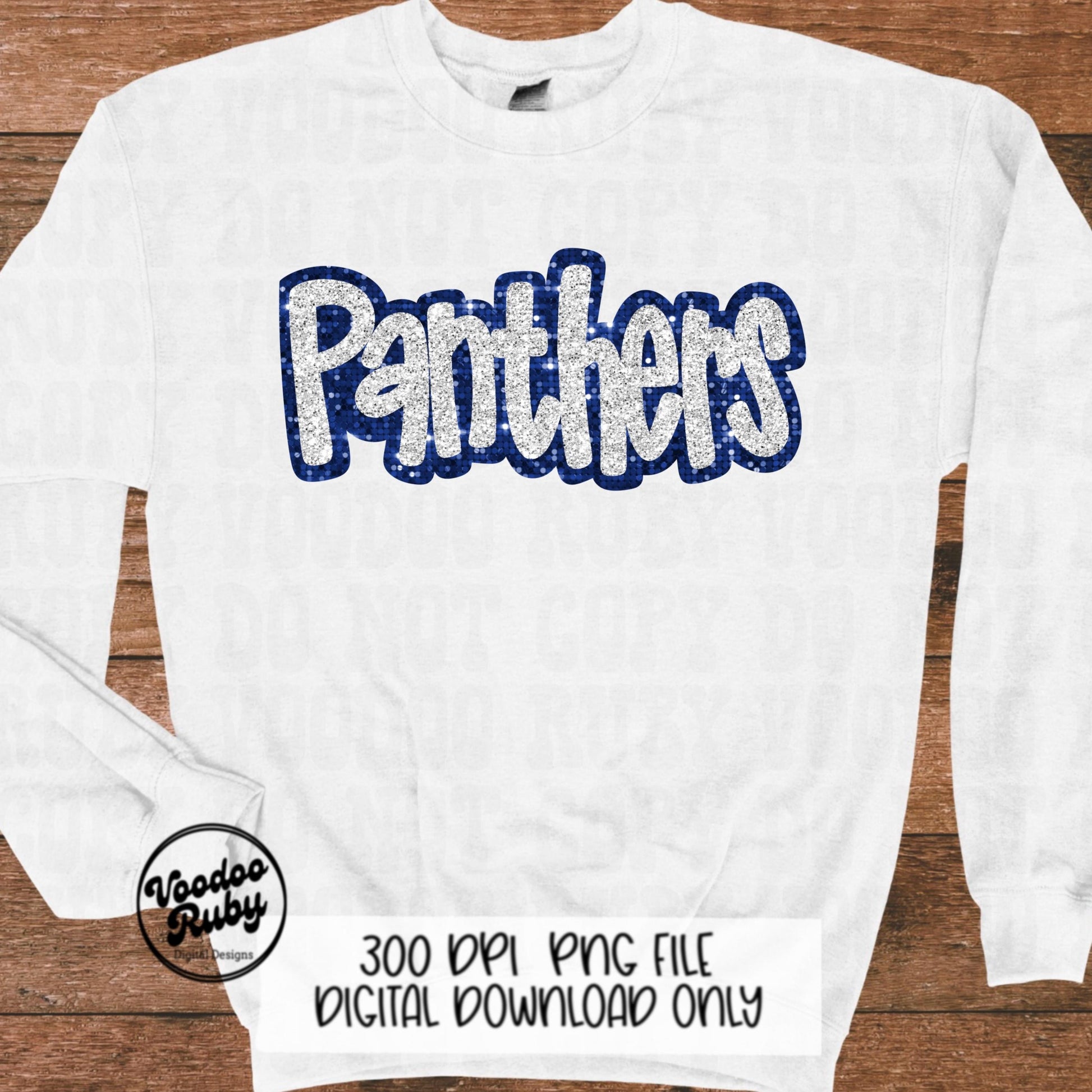 Panthers Mascot Design PNG Sublimation Glitter Hand Drawn Digital Download Faux Sequins Patch Faux Appliqué Blue White Panthers Football