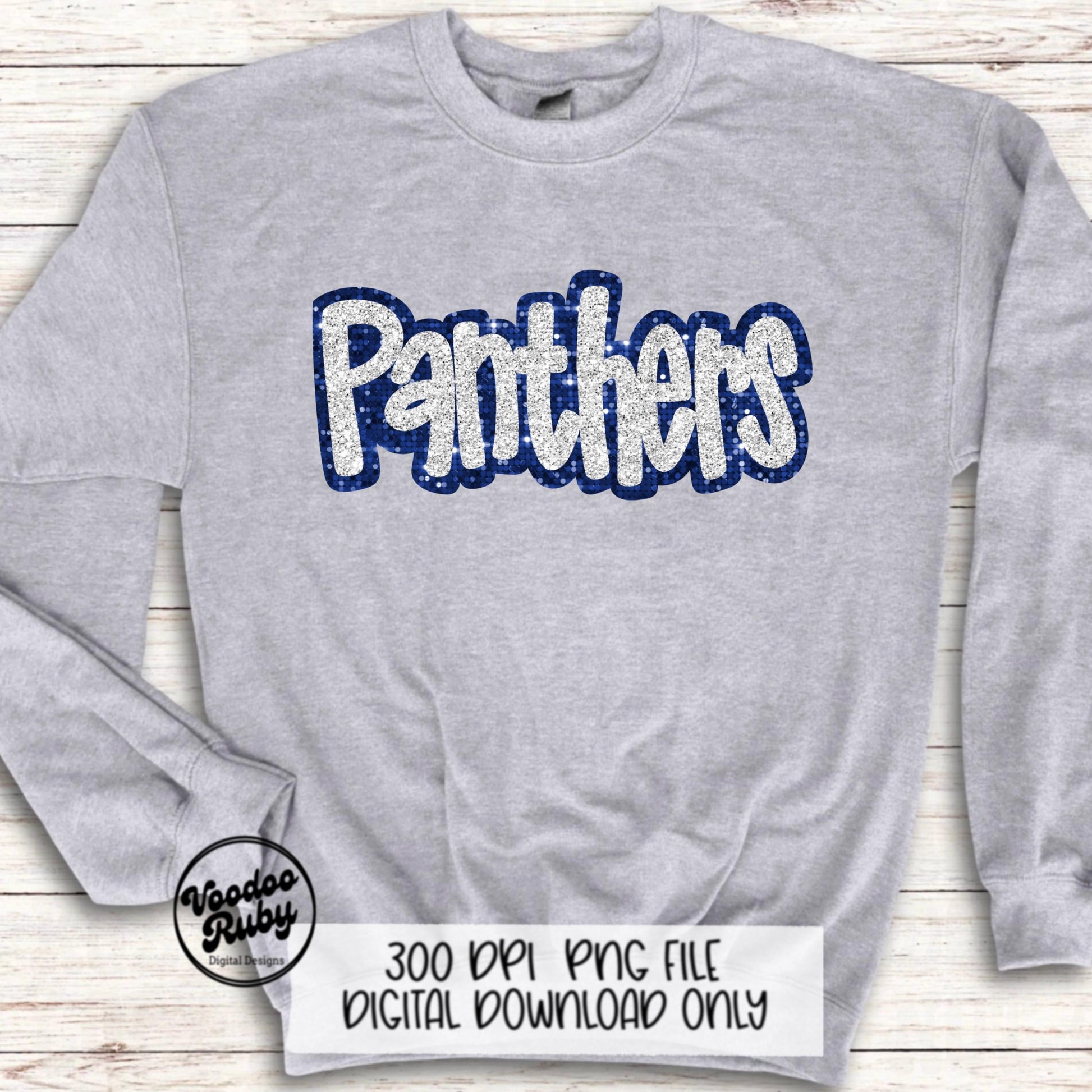 Panthers Mascot Design PNG Sublimation Glitter Hand Drawn Digital Download Faux Sequins Patch Faux Appliqué Blue White Panthers Football