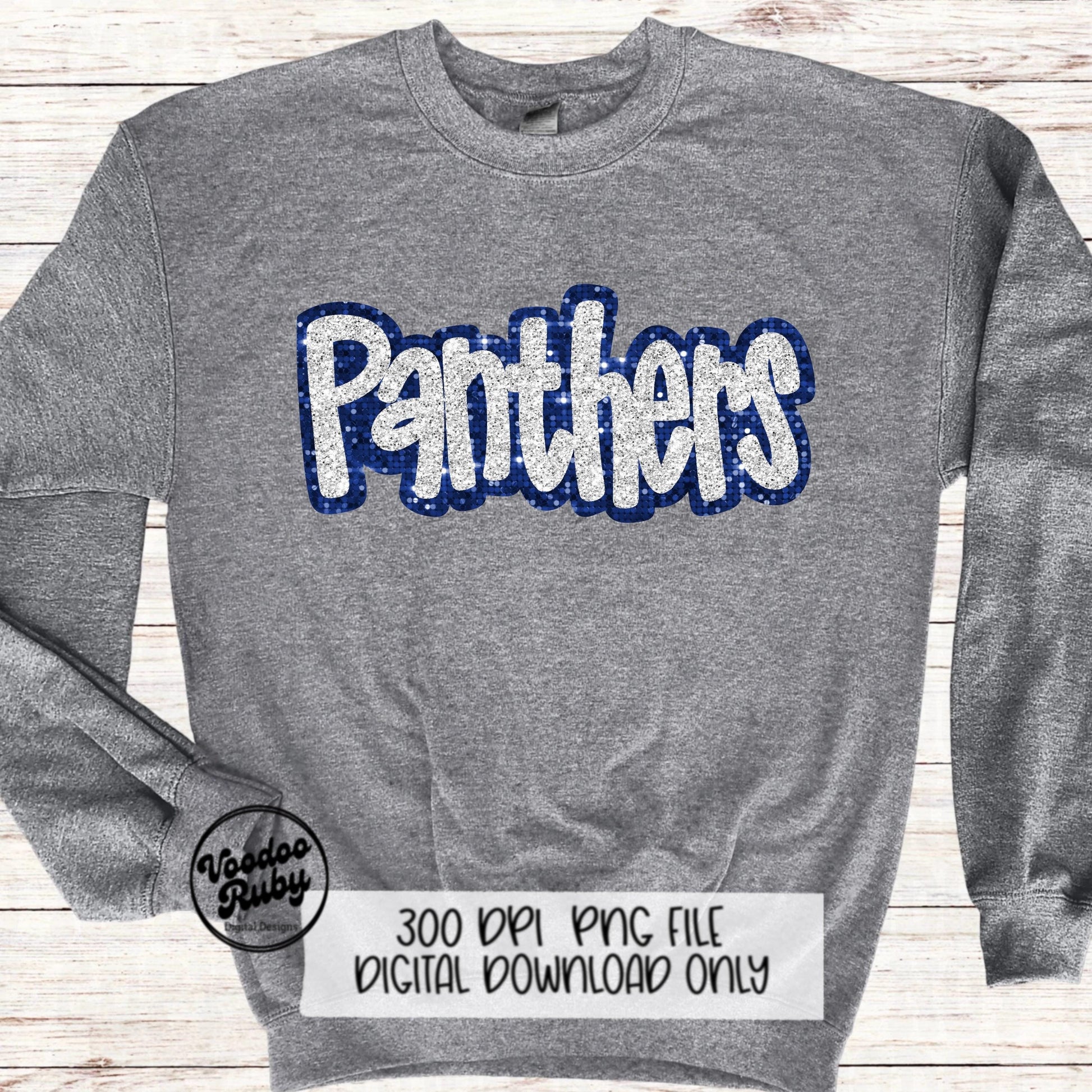 Panthers Mascot Design PNG Sublimation Glitter Hand Drawn Digital Download Faux Sequins Patch Faux Appliqué Blue White Panthers Football