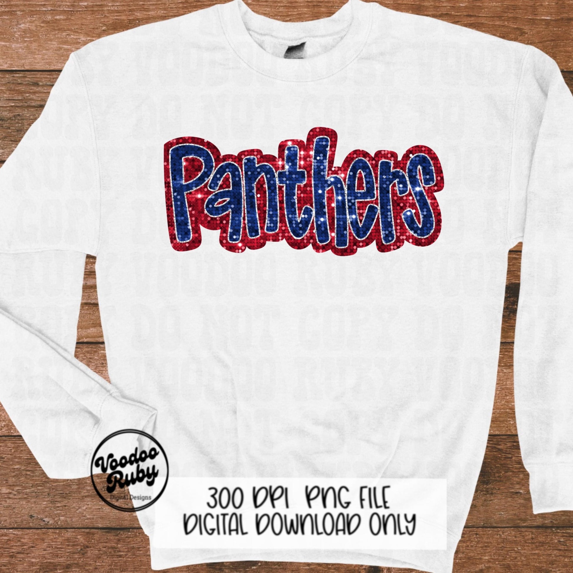 Panthers Mascot Design PNG Sublimation Glitter Hand Drawn Digital Download Faux Sequins Patch Faux Appliqué Red Blue Panthers Football
