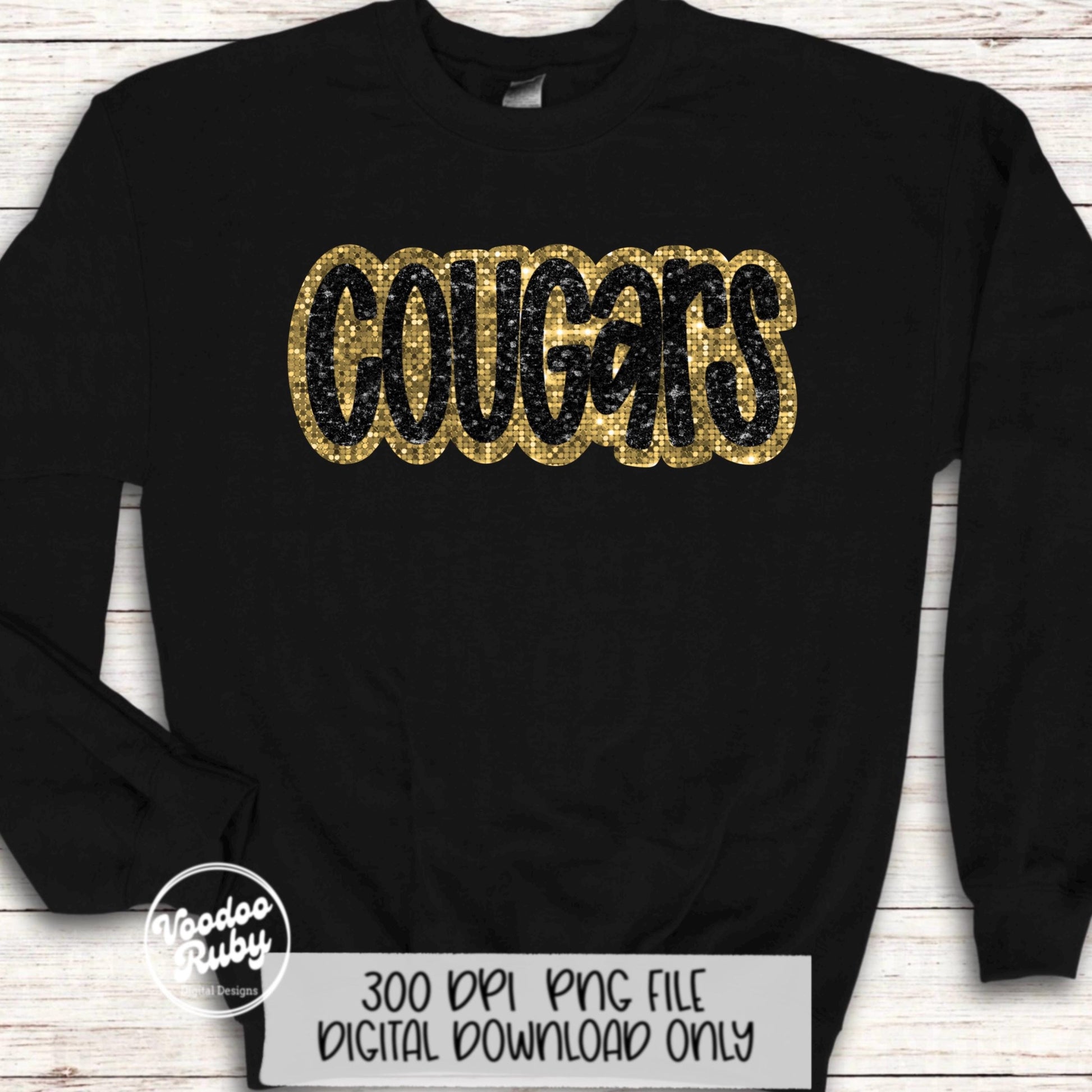 Cougars Mascot Design PNG Glitter Hand Drawn Digital Download Faux Sequins Patch PNG Printable Faux Appliqué Black Gold Cougars Football DTF