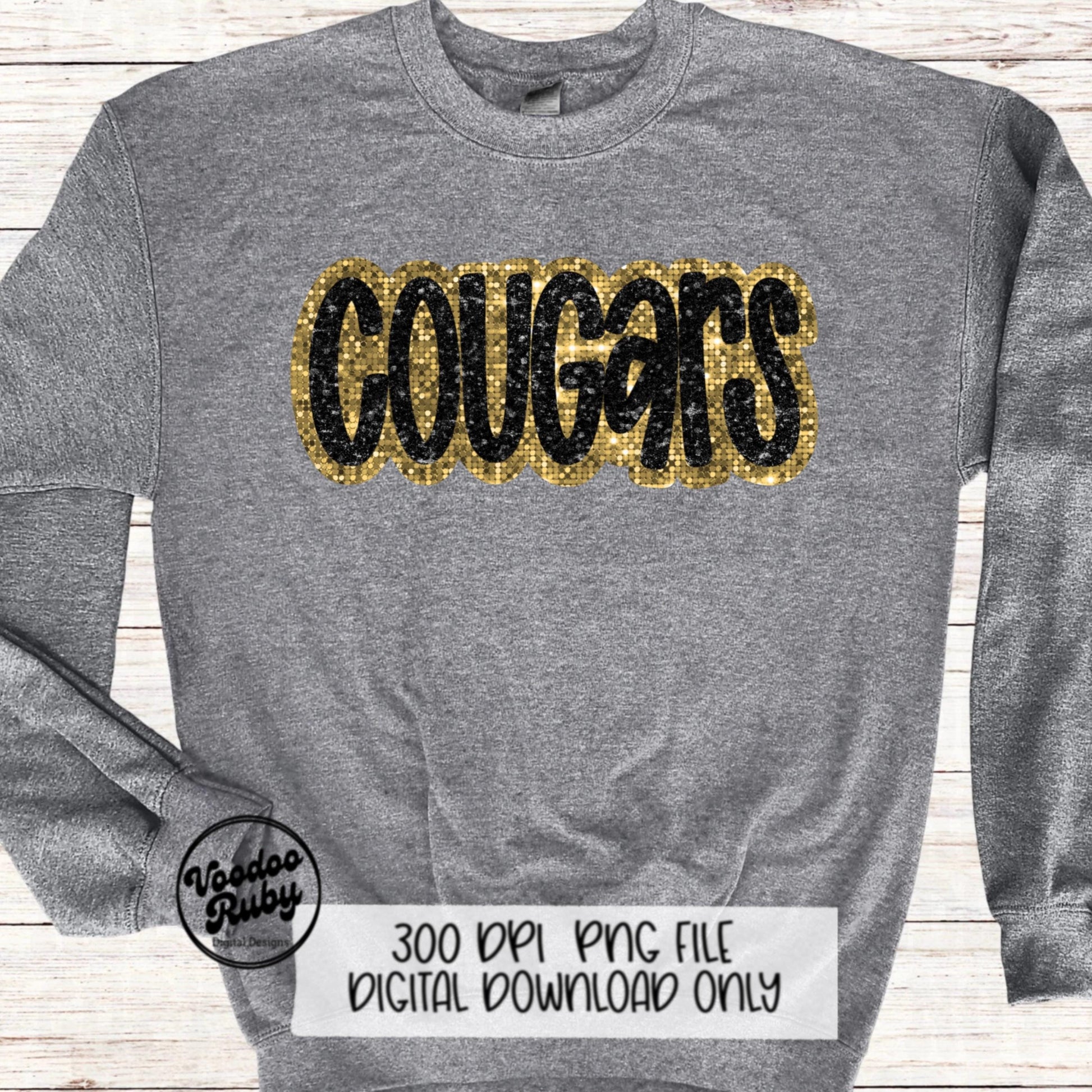 Cougars Mascot Design PNG Glitter Hand Drawn Digital Download Faux Sequins Patch PNG Printable Faux Appliqué Black Gold Cougars Football DTF