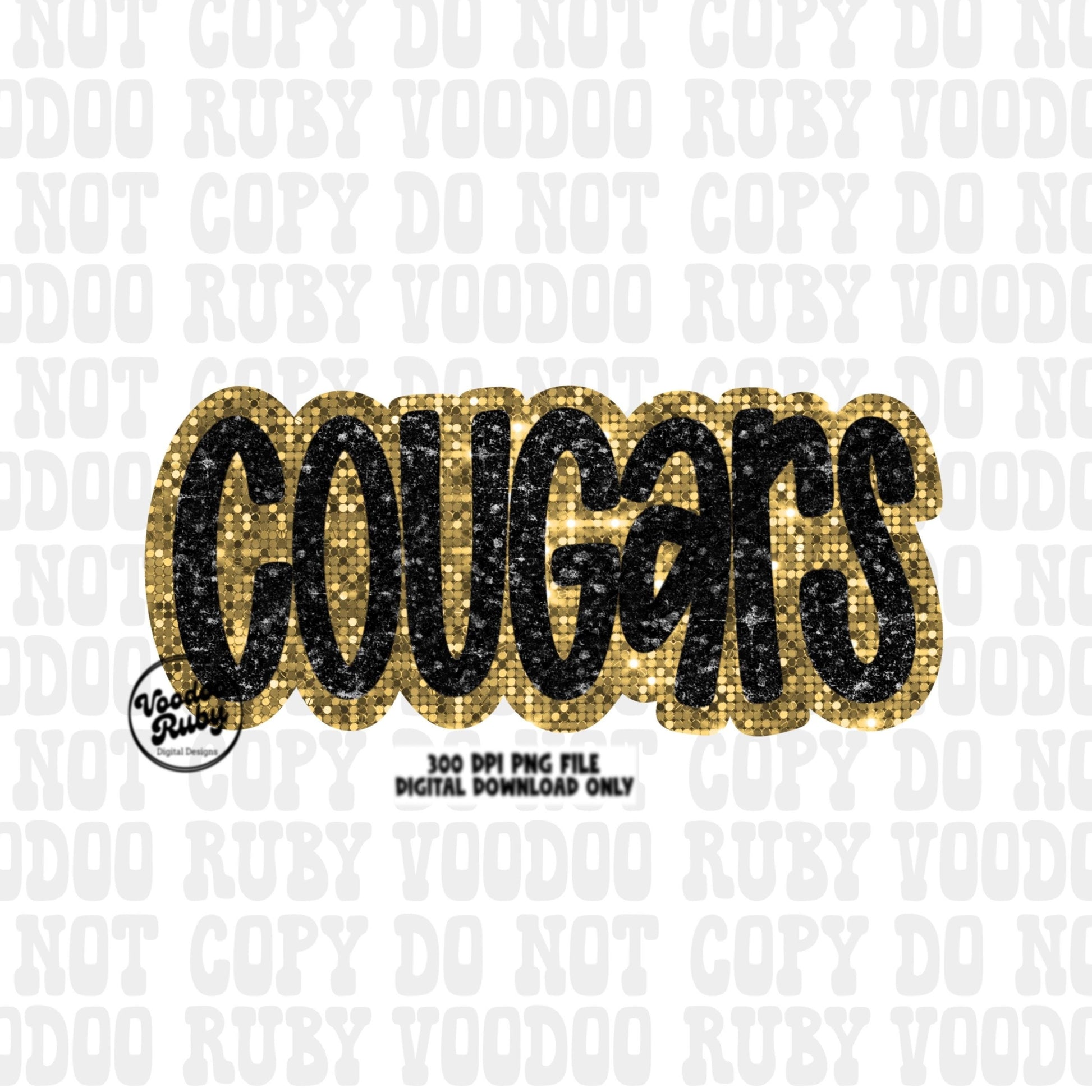 Cougars Mascot Design PNG Glitter Hand Drawn Digital Download Faux Sequins Patch PNG Printable Faux Appliqué Black Gold Cougars Football DTF