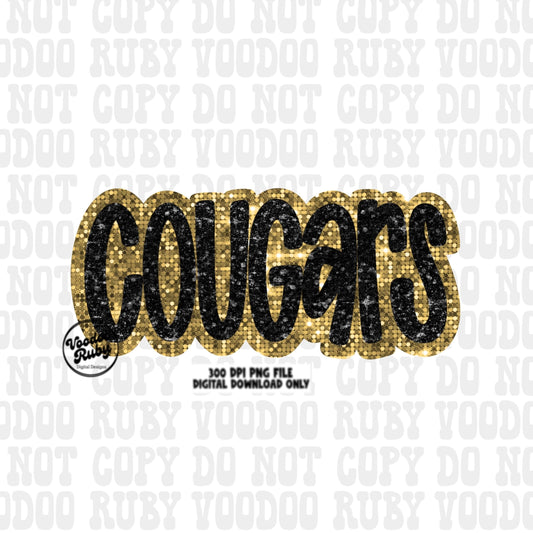 Cougars Mascot Design PNG Glitter Hand Drawn Digital Download Faux Sequins Patch PNG Printable Faux Appliqué Black Gold Cougars Football DTF