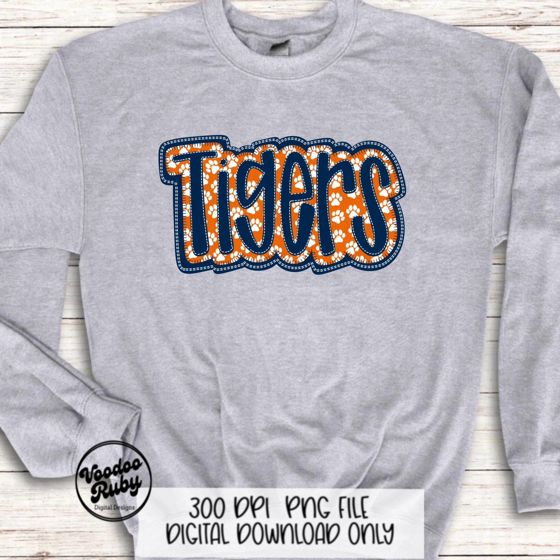 Tigers Mascot PNG: Blue Orange Faux Embroidery Design (Digital Download)