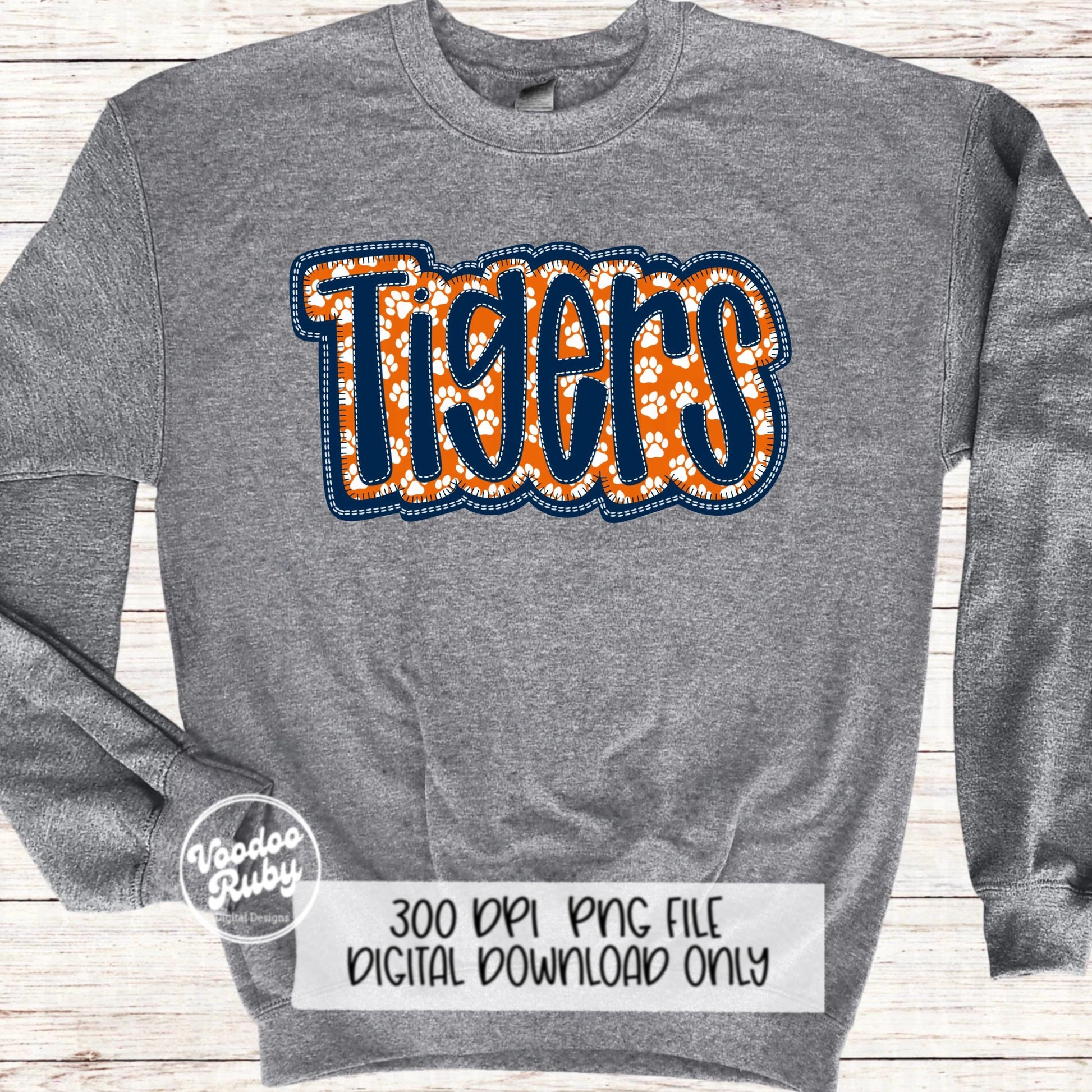 Tigers Mascot PNG: Blue Orange Faux Embroidery Design (Digital Download)