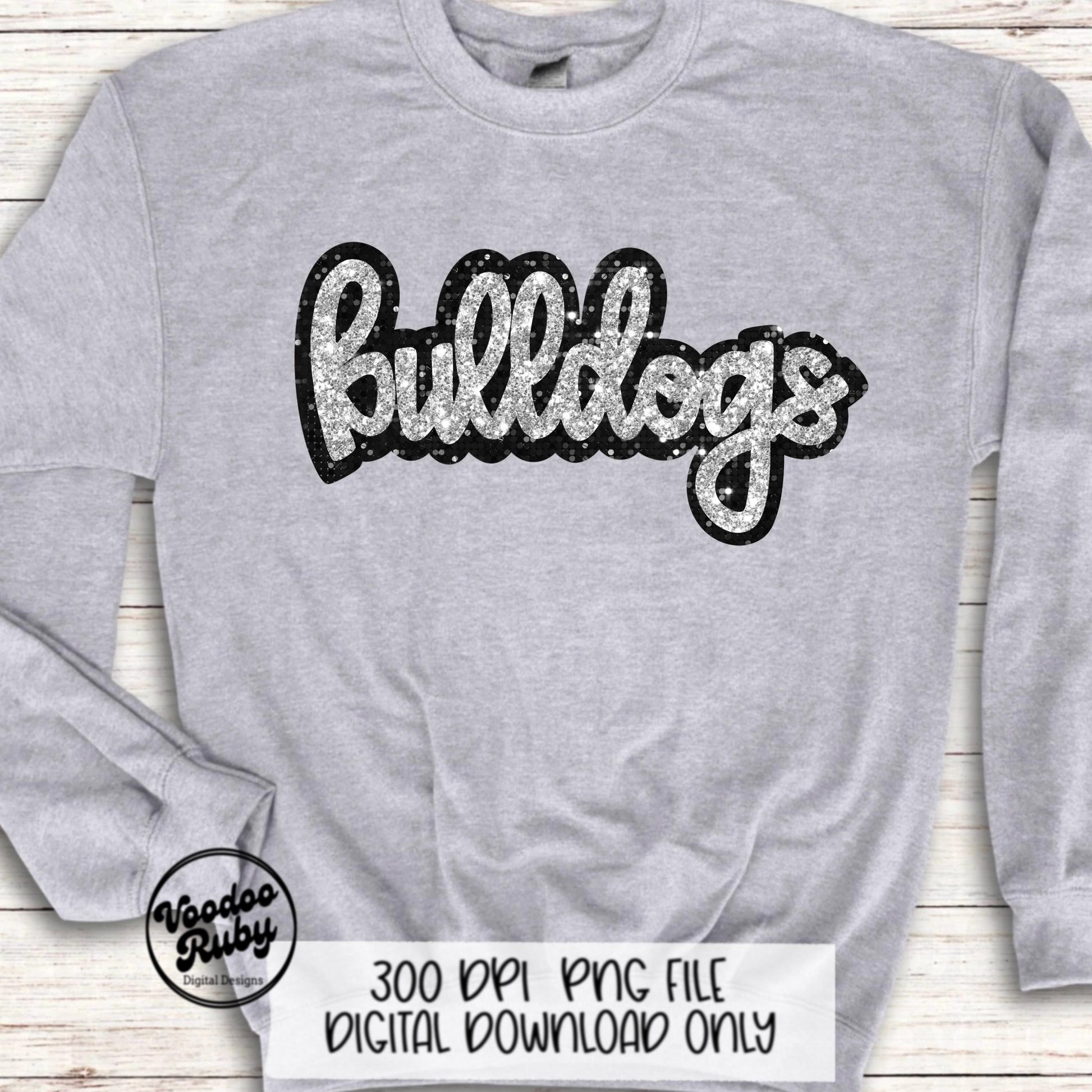 Glitter Bulldogs PNG Design Sublimation Sequins Hand Drawn Digital Download Faux Sequins Patch PNG Black Silver Bulldogs Football DTF