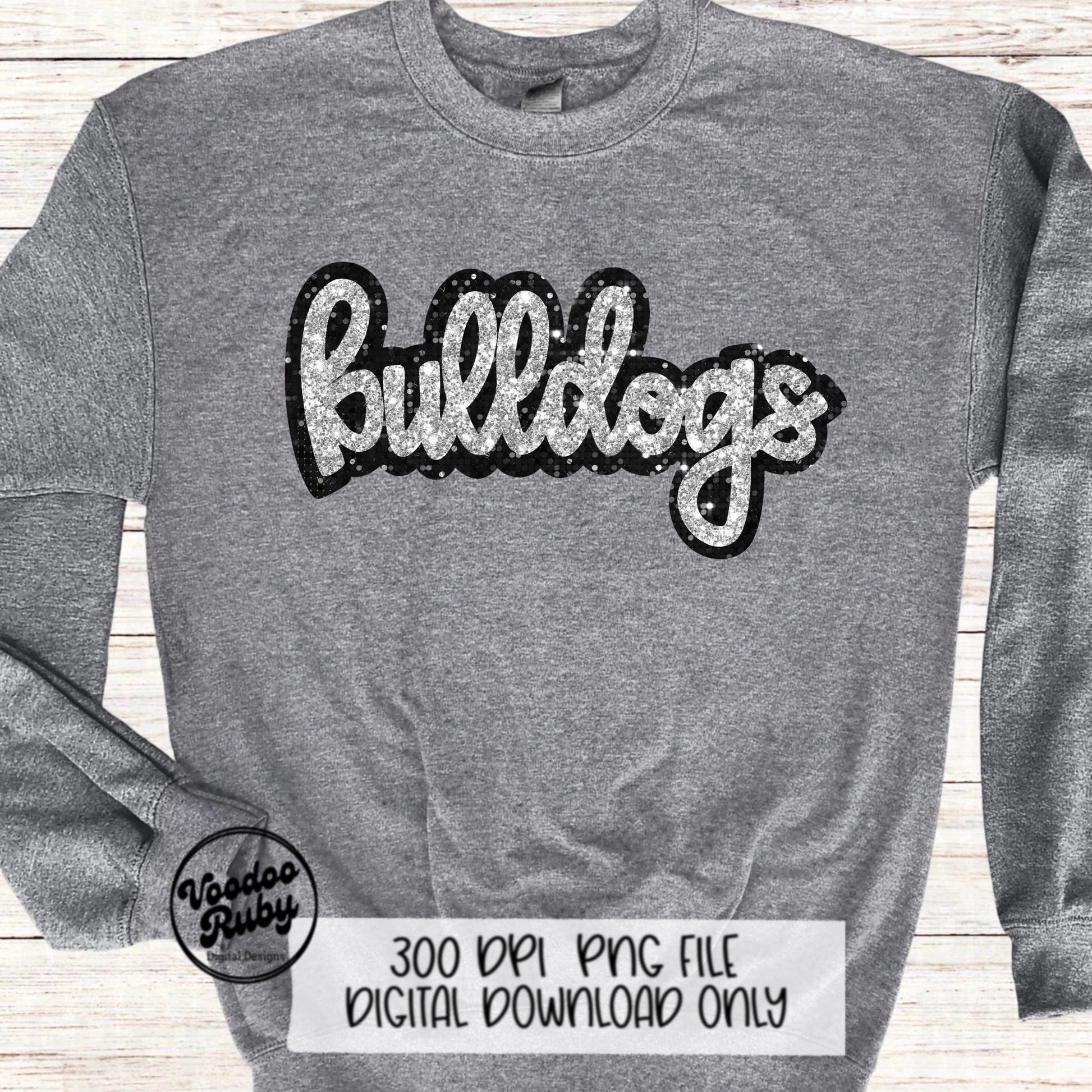 Glitter Bulldogs PNG Design Sublimation Sequins Hand Drawn Digital Download Faux Sequins Patch PNG Black Silver Bulldogs Football DTF