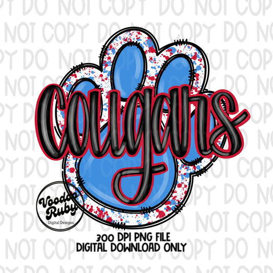 Cougars PNG Design Mascot Sublimation Hand Drawn Digital Download Blue Red Cougars PNG Paw Mascot Football DTF Printable Clip Art
