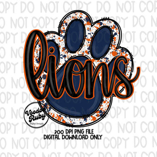 Lions PNG Design Hand Drawn Digital Download Lions Football PNG Blue Orange Lions Paw Print Sublimation Design Lions DTF Printable