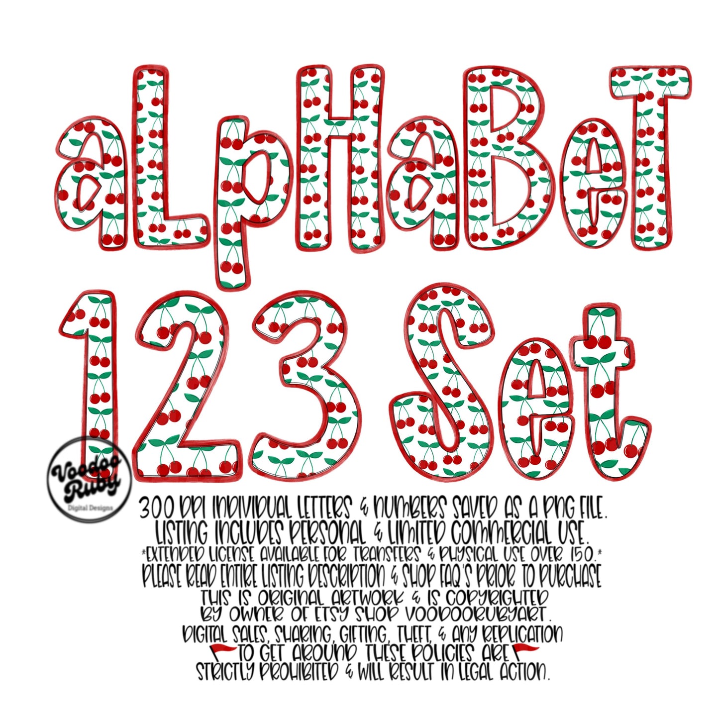 Cherry Doodle Alphabet PNG Bundle: Summer Letters Clip Art (Digital Download)