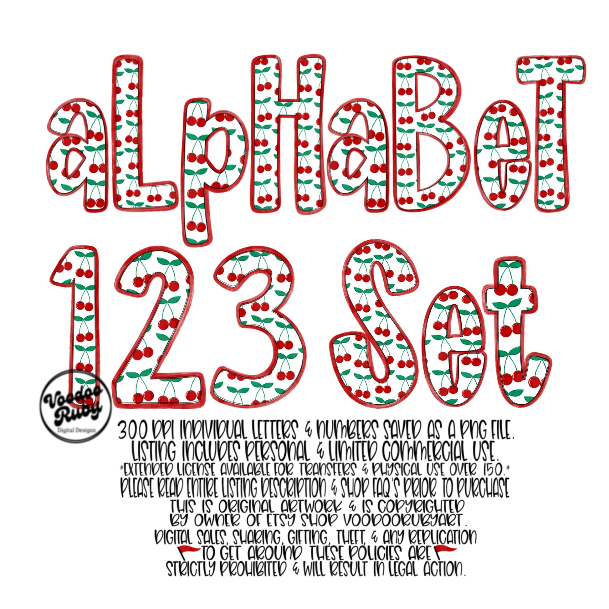 Cherry Doodle Alphabet PNG Bundle: Summer Letters Clip Art (Digital Download)