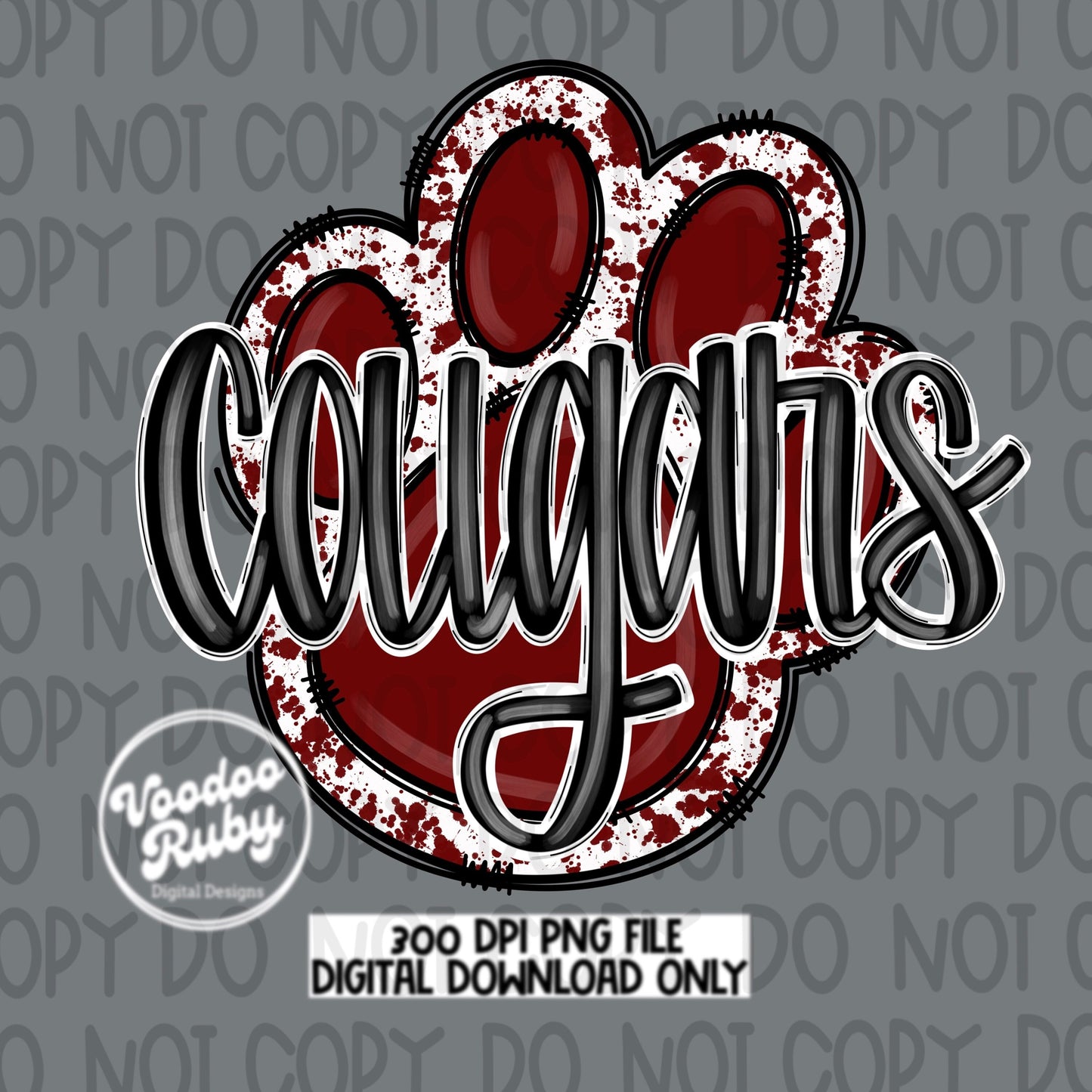 Cougars PNG Design Sublimation Hand Drawn Digital Download Football PNG Paw Print Maroon White Cougars Mascot DTF Printable