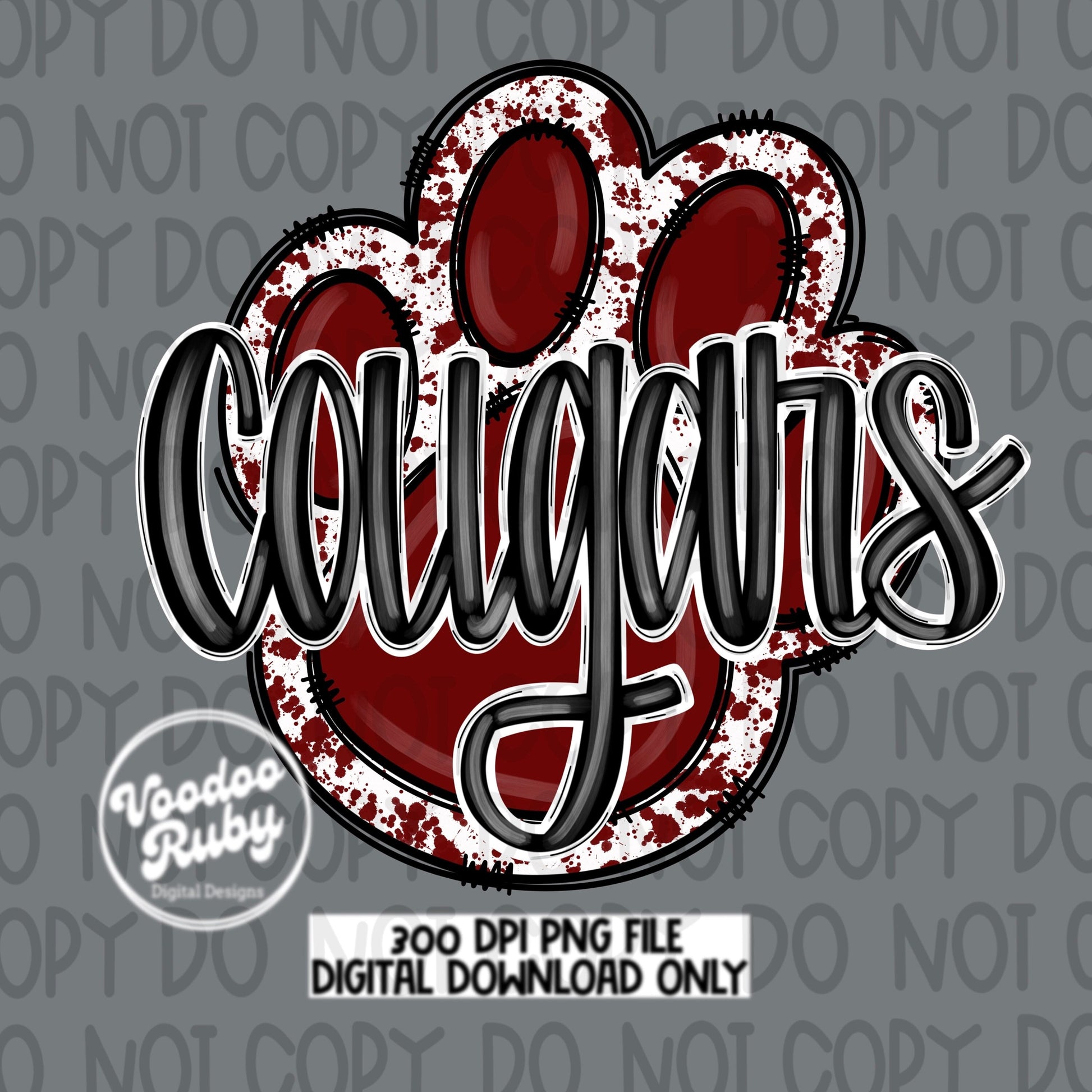 Cougars PNG Design Sublimation Hand Drawn Digital Download Football PNG Paw Print Maroon White Cougars Mascot DTF Printable