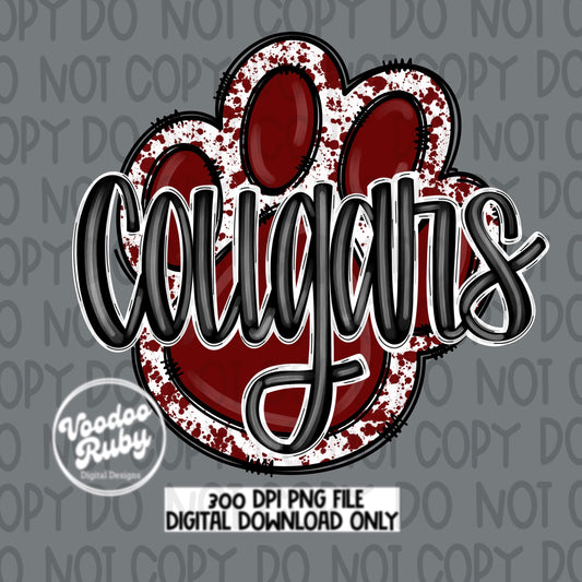 Cougars PNG Design Sublimation Hand Drawn Digital Download Football PNG Paw Print Maroon White Cougars Mascot DTF Printable