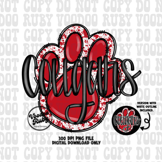 Cougars Paw Print PNG Sublimation Design Hand Drawn Digital Download Football PNG Red Paw Print Mascot png DTF Printable