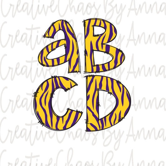 Tigers Doodle Letters PNG Alphabet Bundle png Purple Gold Tigers Alphabet Hand Drawn Alpha Pack Digital Download Sublimation Alphabet DTF