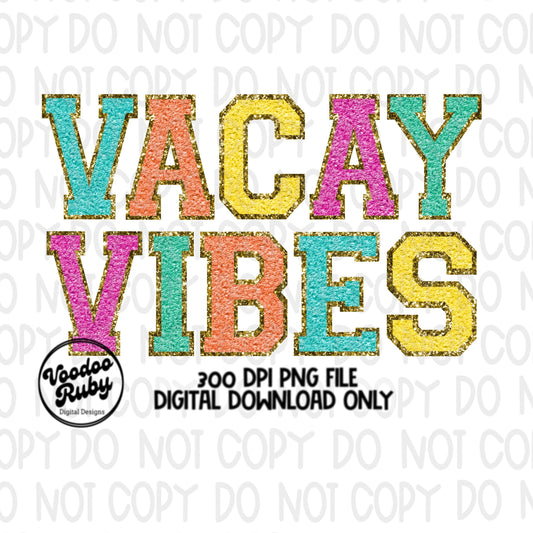Vacay Vibes PNG Chenille Letter Patch Digital Faux Chenille Letters PNG DTF Printable Summer Clip Art