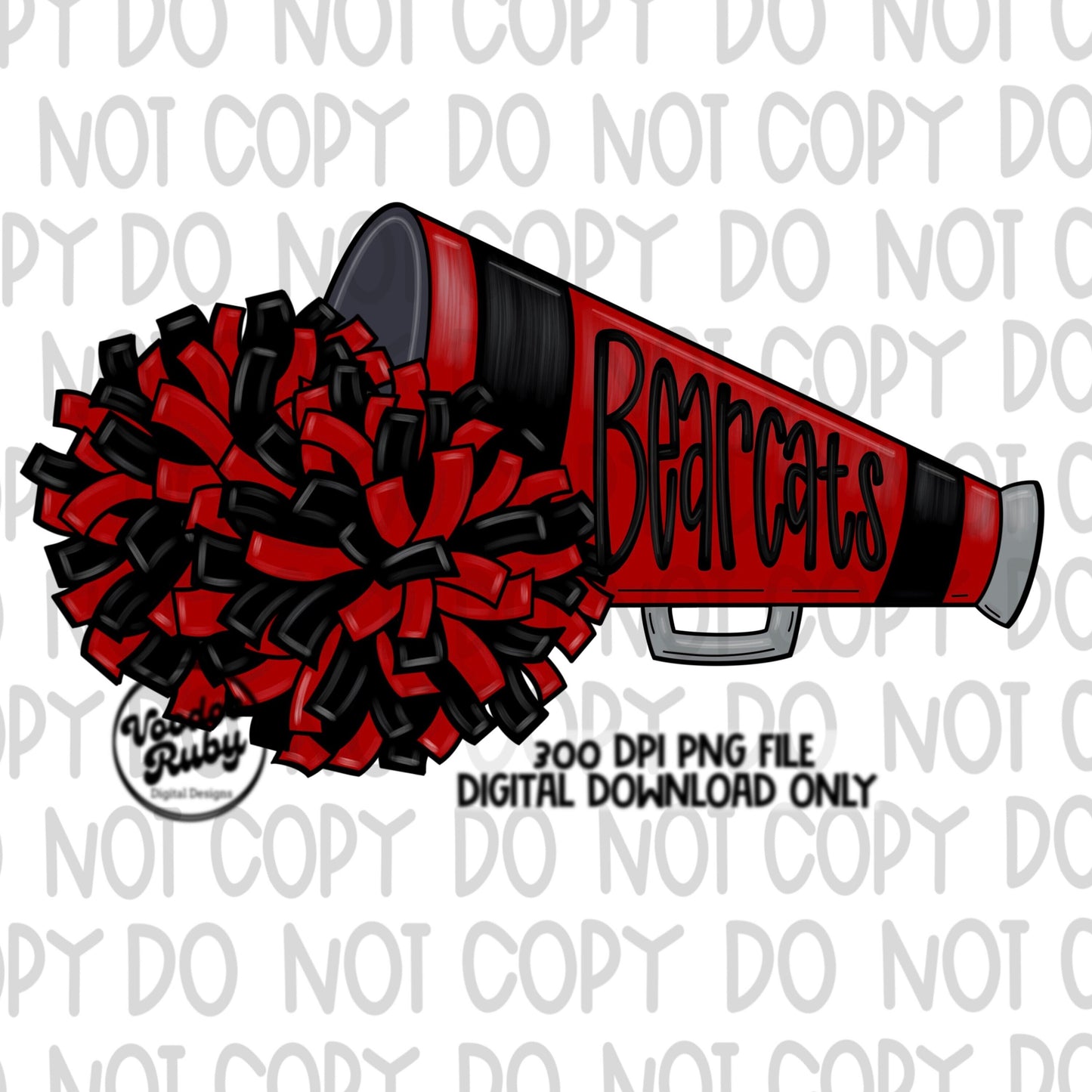 Bearcats Cheer PNG: Red & Black Megaphone, Pom-poms (Digital Download)
