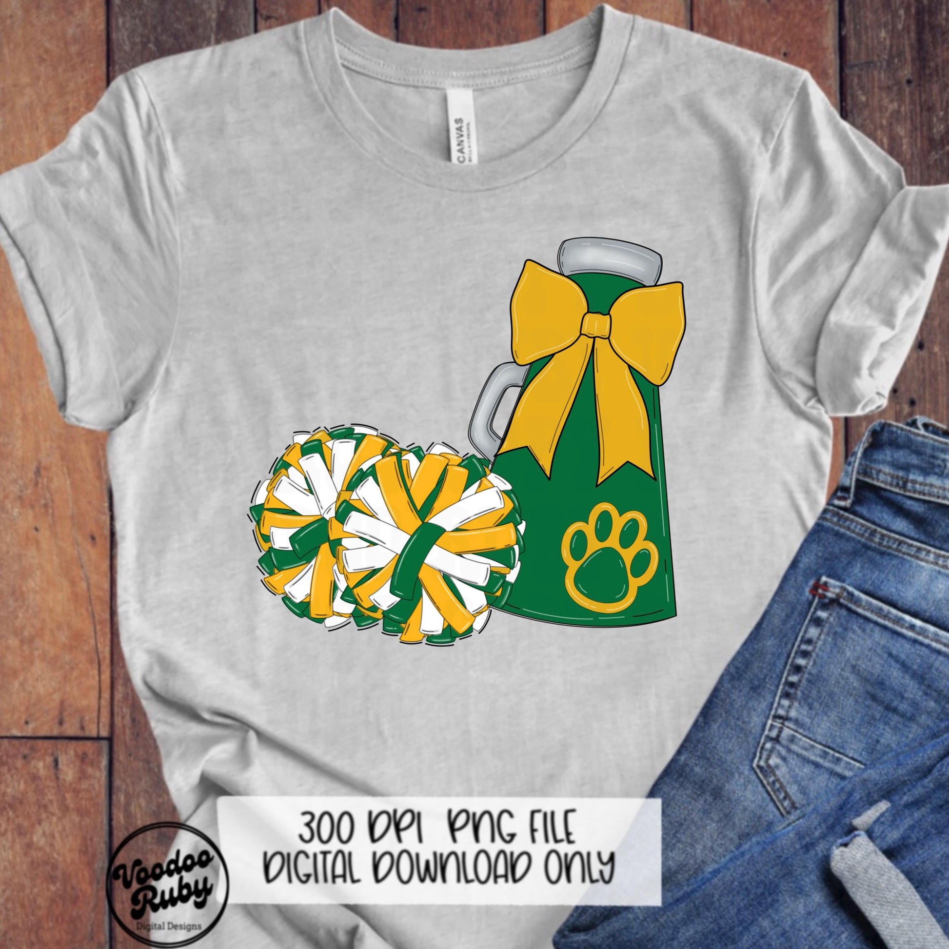 Cheerleader Mascot PNG: Green, Yellow, Gold - Sublimation Design (Digital Download)